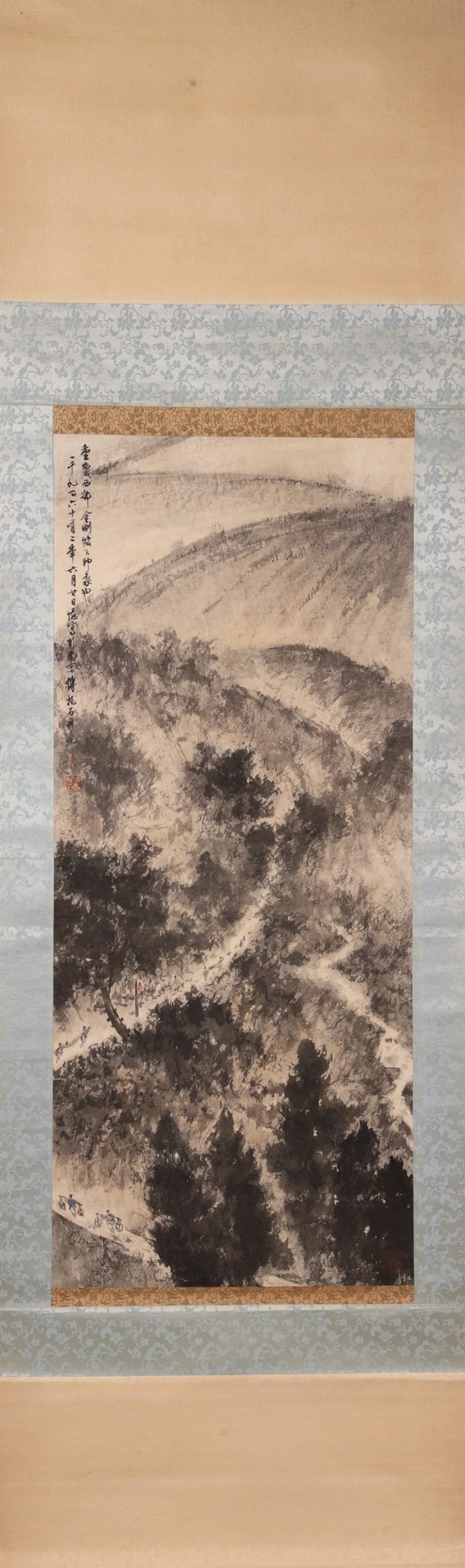 A Paper Ink Landscape Painting "Jin'gangpo Scenery" Signed Fu Baoshi, Modern Era: Core L 92cm (36.22 in); Core W 39cm (15.35 in)A modern ink landscape painting on paper by Fu Baoshi, depicting the scenery of Jin'gangpo. With vigorous brushwork and his signature "Baoshi Cun" texture