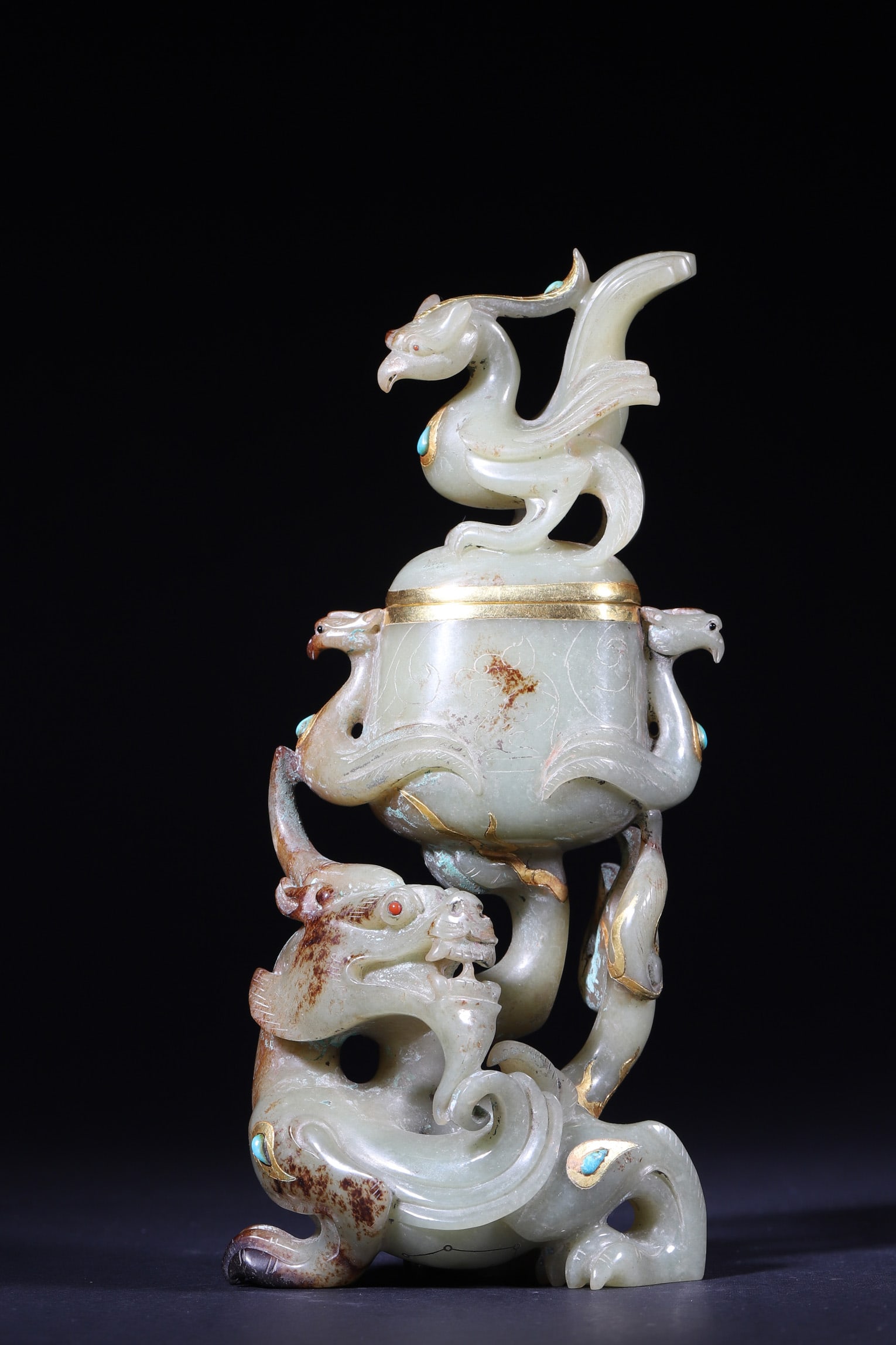 A Hetian Jade Censer with Gold Inlay and Turquoise Inlay, Dragon and Phoenix Design - Han Dynasty (1 of 10)