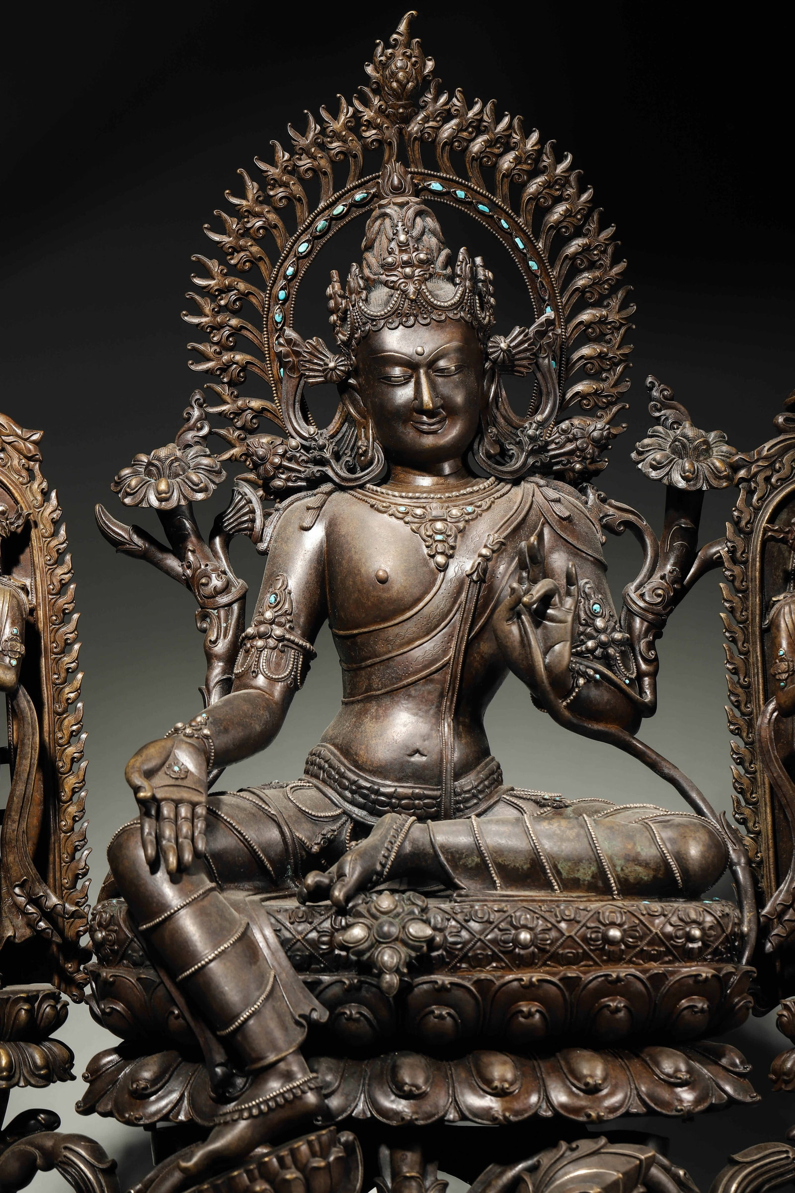 A High-Level Sino-Tibetan Alloy Copper Turquoise-Inlaid Statue of Green Tara, Pala Style, Song - 2