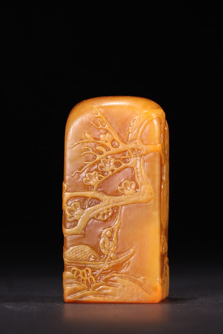 A Tianhuang Stone Seal with "Fishing in the Cold River" Relief, Qing Dynasty: Length 3.0cm (1.18in), Width 3.0cm (1.18in), Height 6.0cm (2.36in), Weight 145.0g (0.32lb)This Qing Dynasty Tianhuang stone seal features finely carved relief of "Fishing in the Cold River" scene, emb