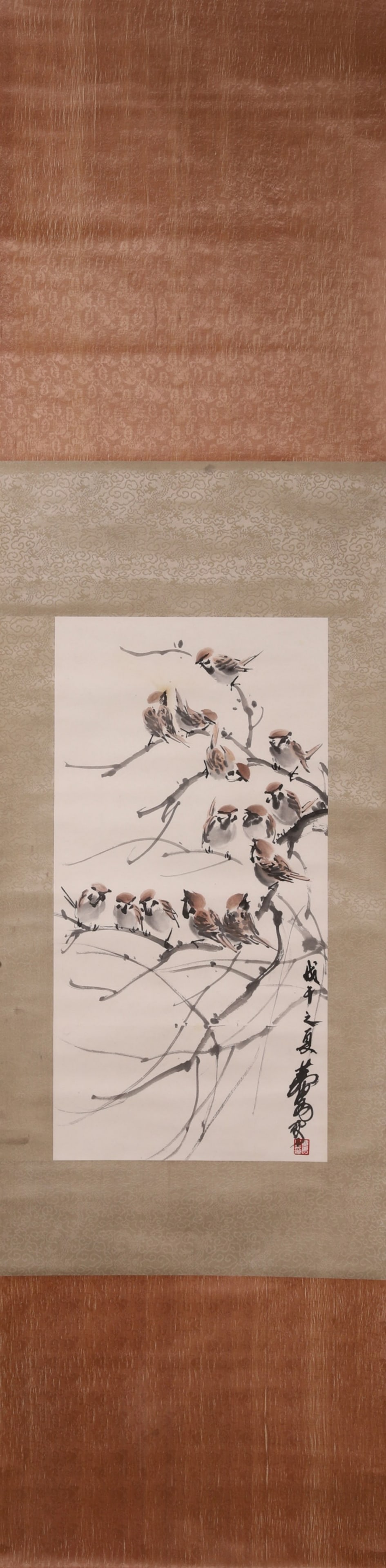 A Paper Scroll Painting of Sparrows Signed Huang Zhou, Modern Era: Core L 66cm (25.98 in); Core W 33cm (12.99 in)A modern ink painting on paper by Huang Zhou, depicting a flock of sparrows on willow branches. With bold and free brushwork, it captures the lively charm