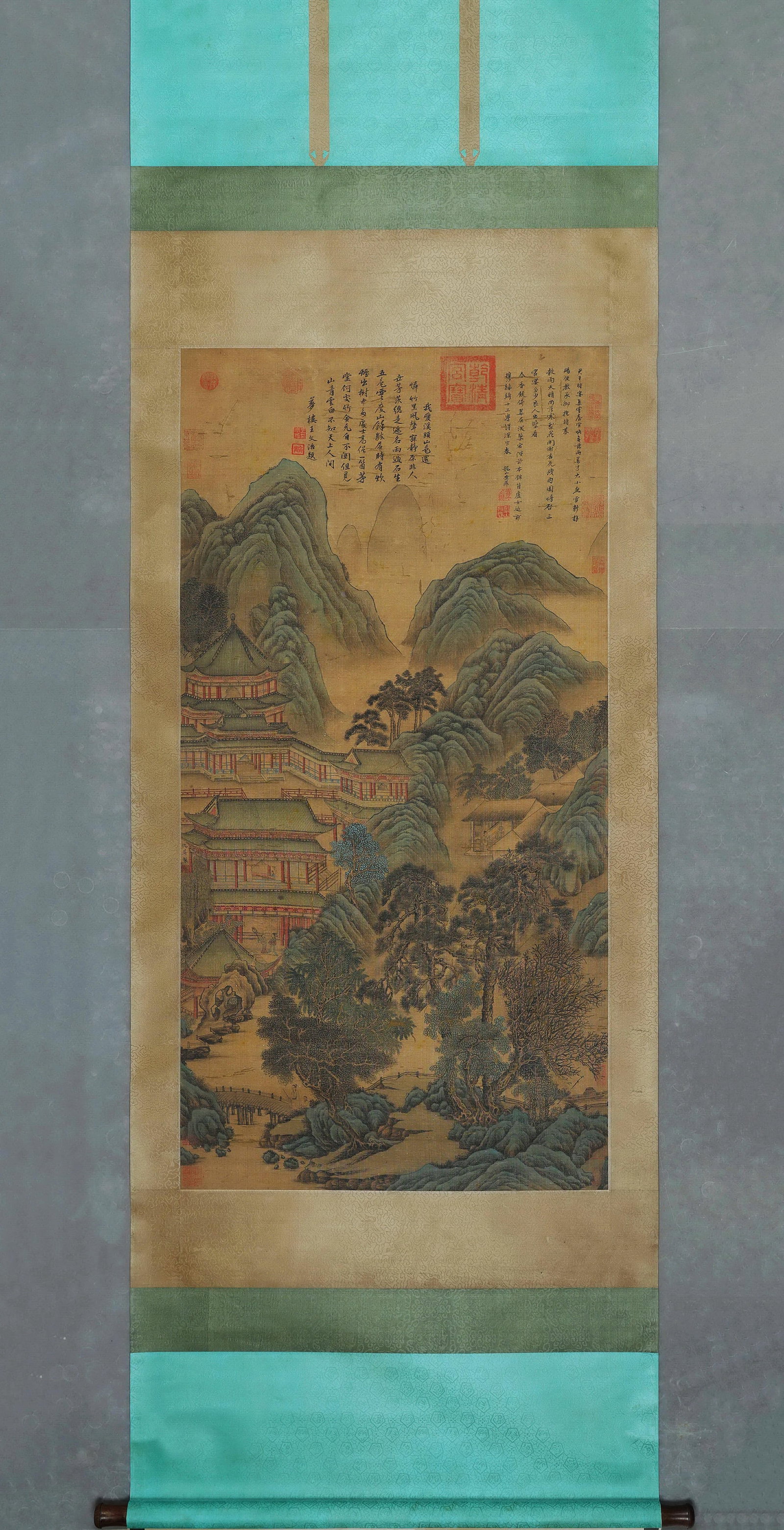 An Old Silk Hanging Scroll of "Immortal Pavilions in Mountains" by Qiu Ying, Ming Dynasty (1 of 9)
