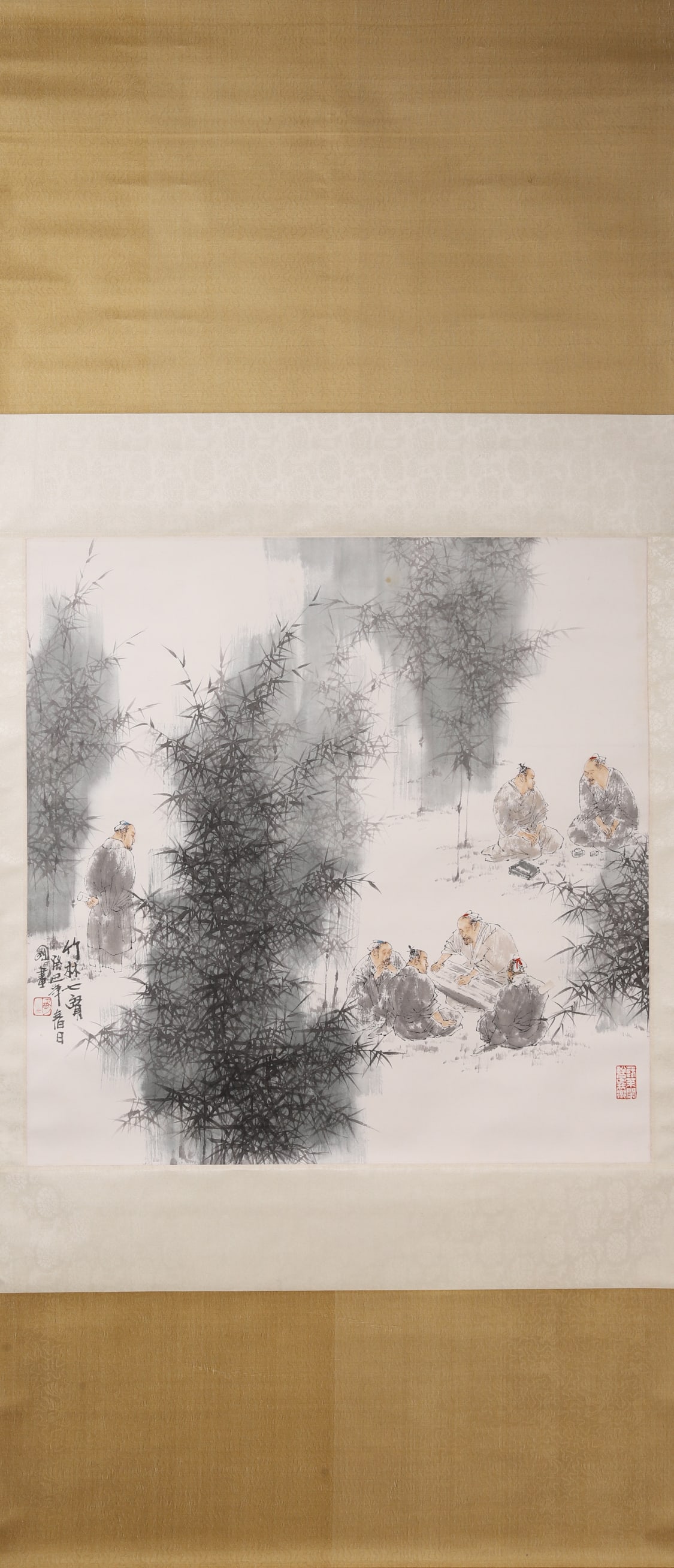 A Paper Color Painting "Seven Sages of the Bamboo Grove" Signed Wang Mingming, Modern Era: Core L 68cm (26.77 in); Core W 68cm (26.77 in)A modern figure painting on paper by Wang Mingming, depicting the Seven Sages of the Bamboo Grove gathering among bamboos. With elegant brushwork and vivi