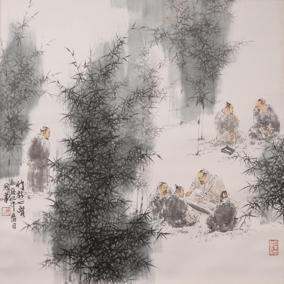 A Paper Color Painting "Seven Sages of the Bamboo Grove" Signed Wang Mingming, Modern Era - 2