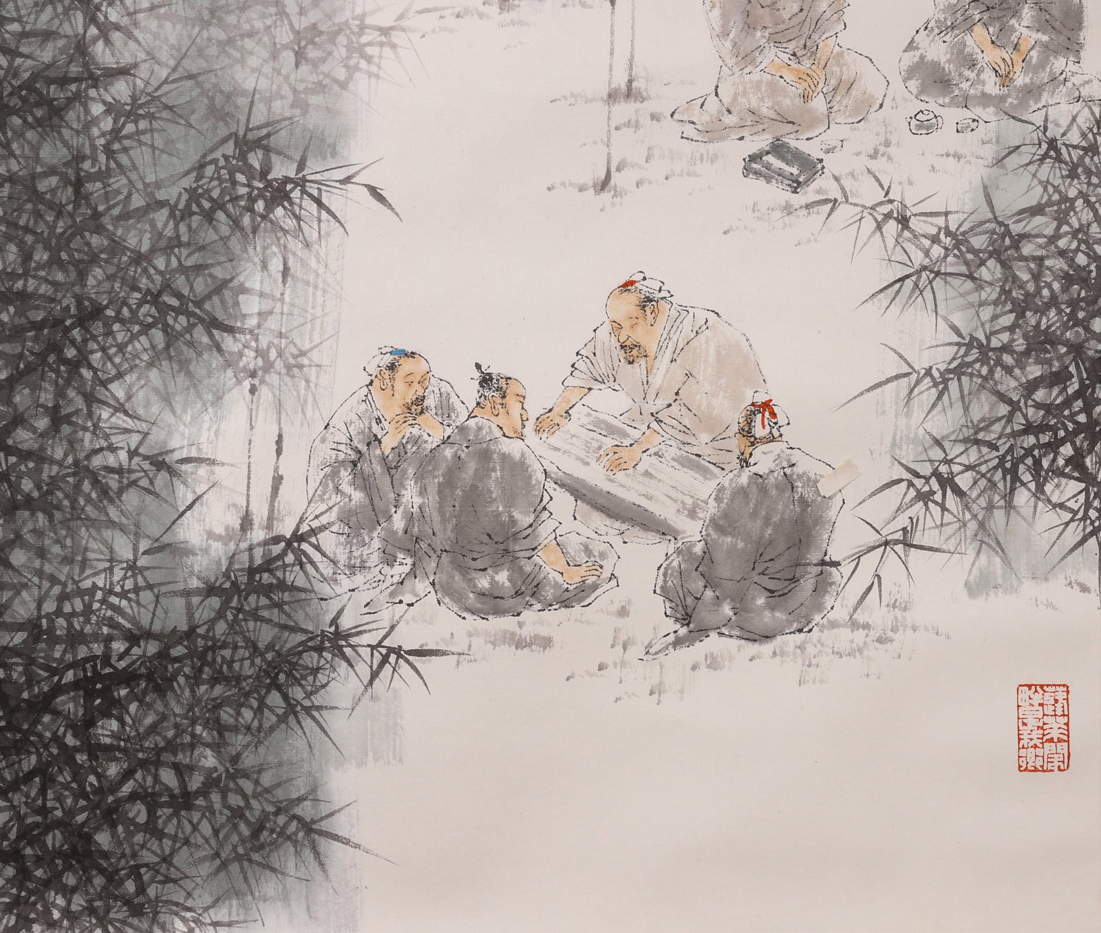 A Paper Color Painting "Seven Sages of the Bamboo Grove" Signed Wang Mingming, Modern Era - 3