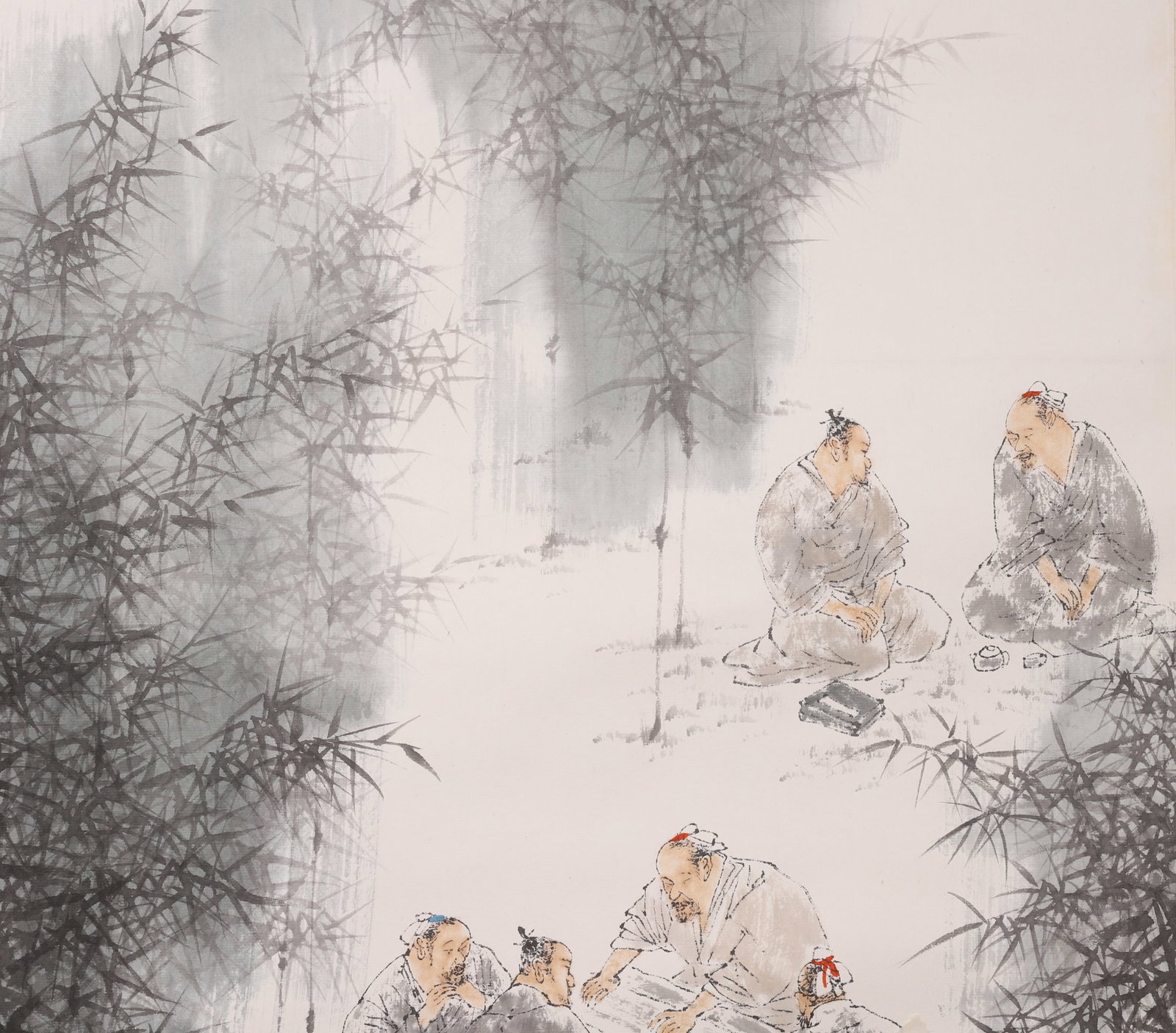 A Paper Color Painting "Seven Sages of the Bamboo Grove" Signed Wang Mingming, Modern Era - 4