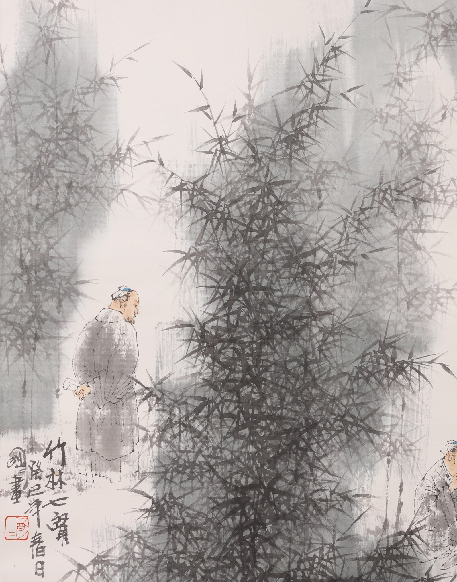 A Paper Color Painting "Seven Sages of the Bamboo Grove" Signed Wang Mingming, Modern Era - 5