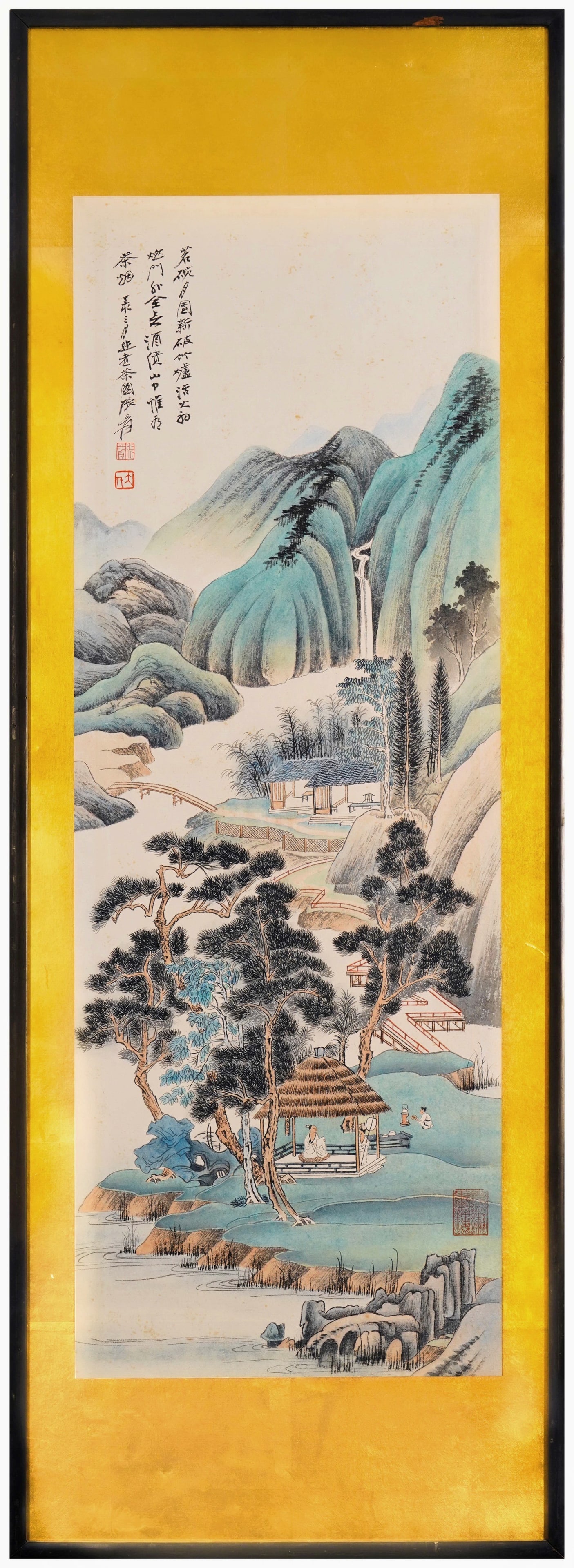 Zhang Daqian (1899-1983) Preparing Tea, framed ink and color on paper, dated 1943: 38.2in x 13.8in (97.0cm x 35.0cm)A refined literati landscape by Zhang Daqian, painted in 1943. Green-blue mountains, waterfalls, and scholars gathering under pines to prepare tea. Inscribed poem and 