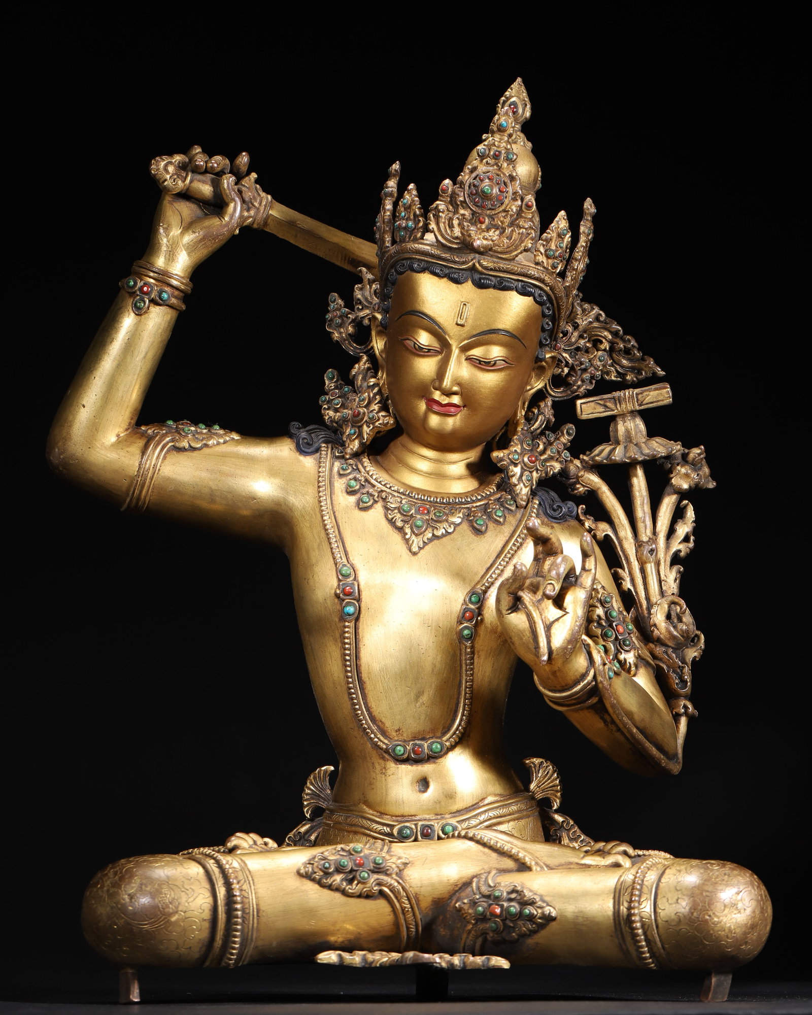 A Qing Dynasty Gilt Bronze Inlaid Gemstone Seated Manjushri Statue (1 of 13)