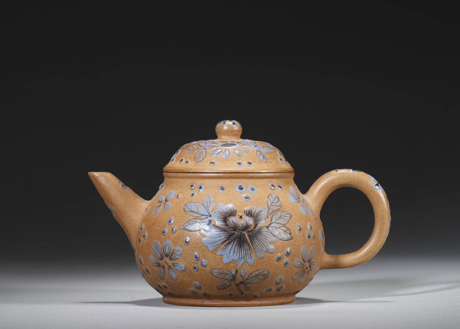 Republic Period, Wang Yinchun Mark Duanni Clay Zisha Teapot with Blue Relief Floral Decoration (1 of 8)