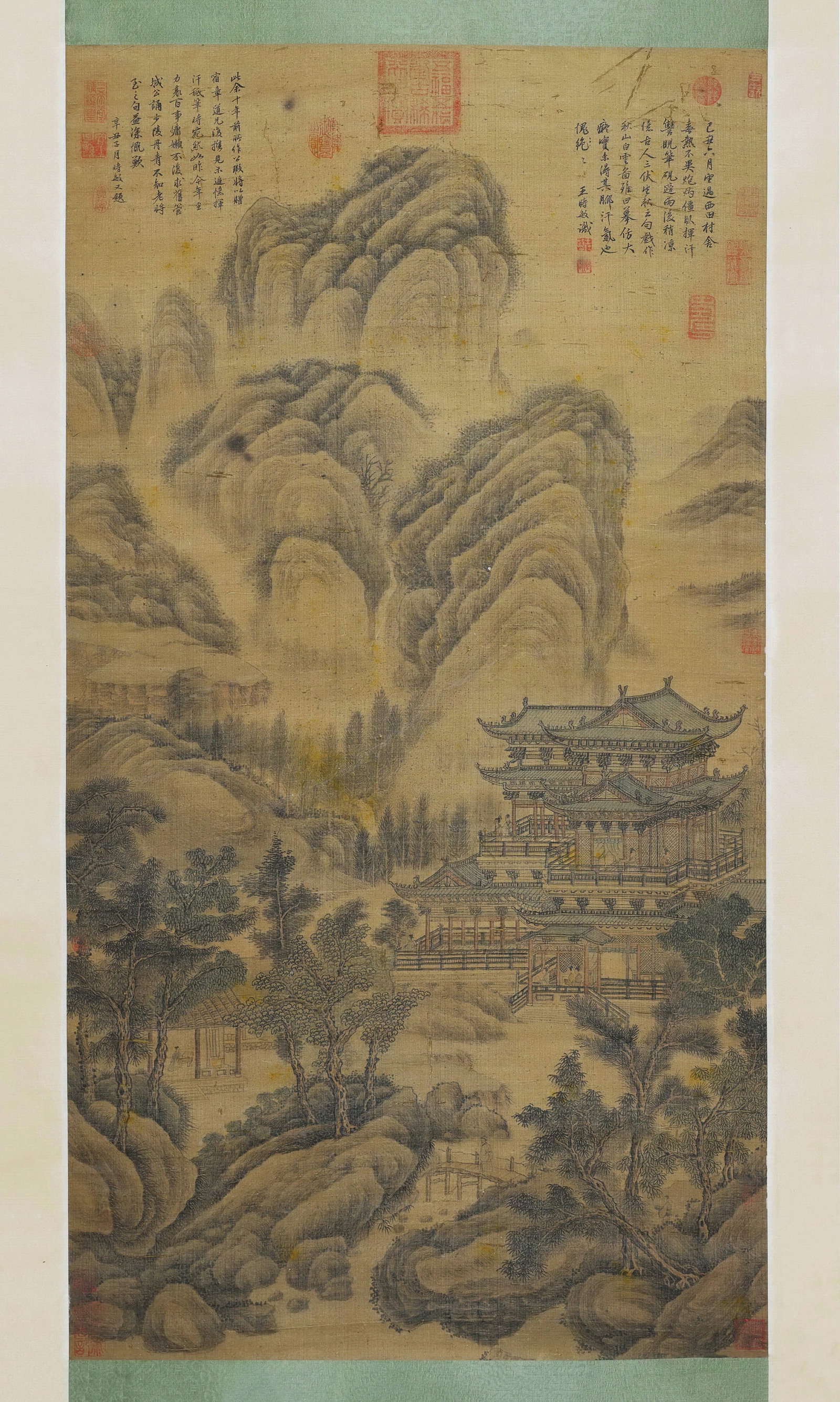 An Old Silk Hanging Scroll of "Autumn Mountains with White Clouds and Pavilions" by Wang Shimin, - 2