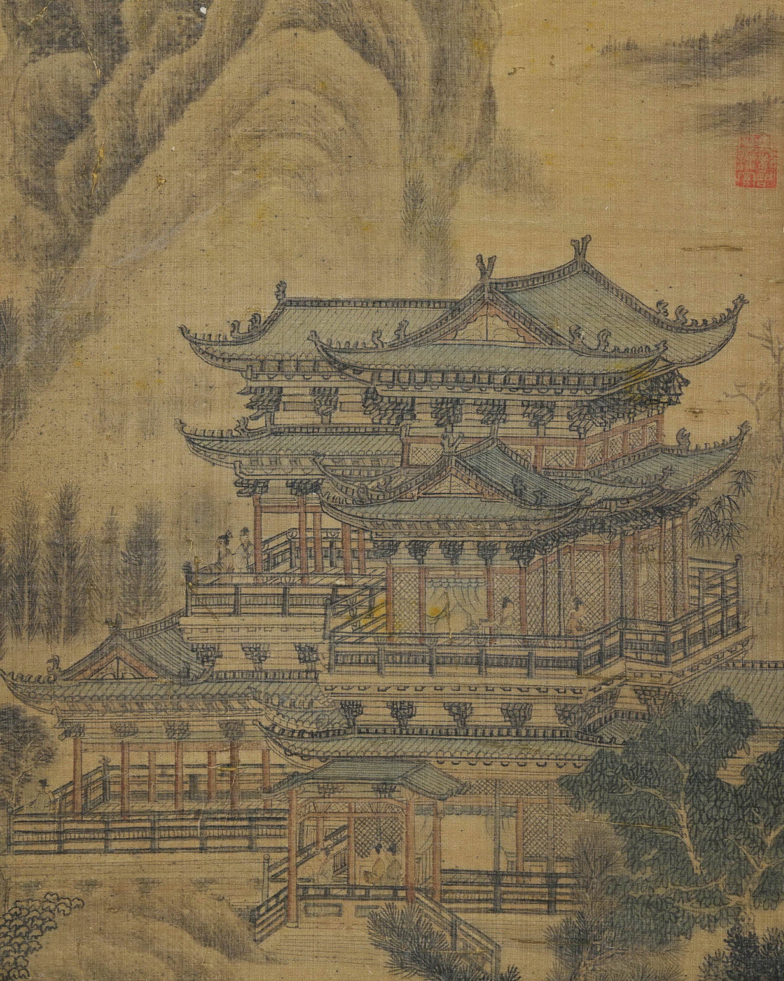 An Old Silk Hanging Scroll of "Autumn Mountains with White Clouds and Pavilions" by Wang Shimin, - 6
