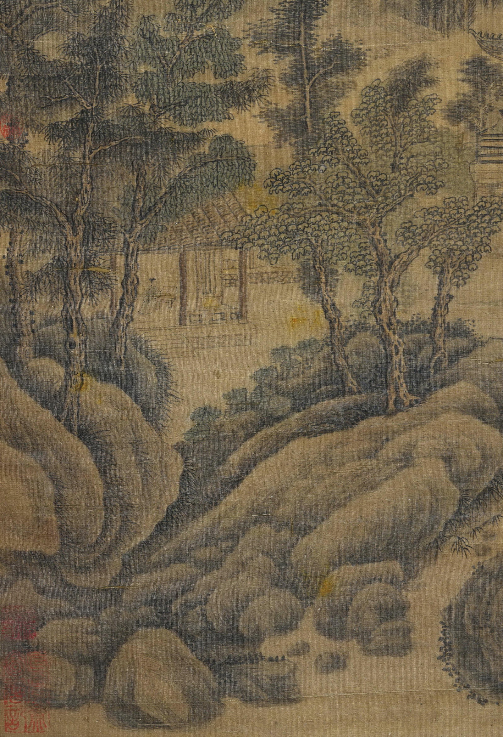 An Old Silk Hanging Scroll of "Autumn Mountains with White Clouds and Pavilions" by Wang Shimin, - 7