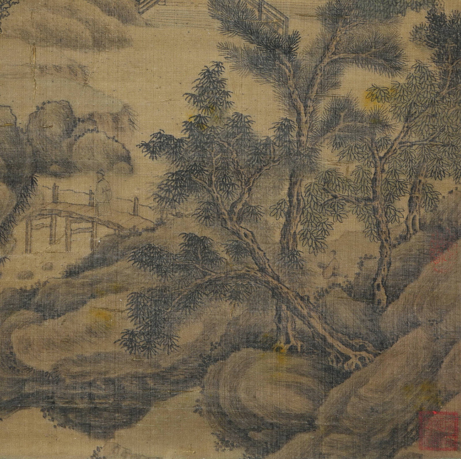 An Old Silk Hanging Scroll of "Autumn Mountains with White Clouds and Pavilions" by Wang Shimin, - 8
