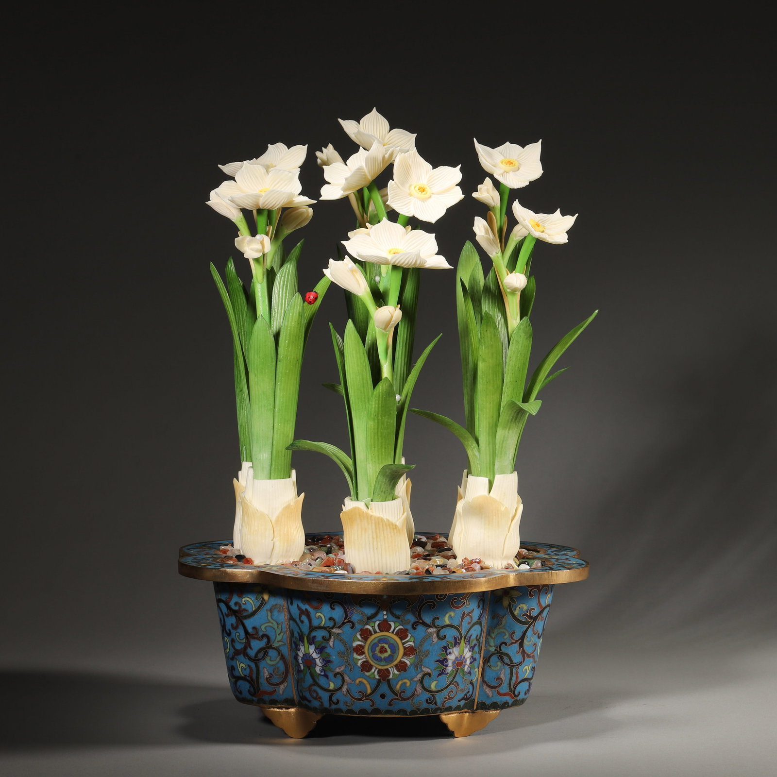 A Cloisonné Basin with Dyed Bone Narcissus Bonsai, Qing Dynasty (1 of 6)
