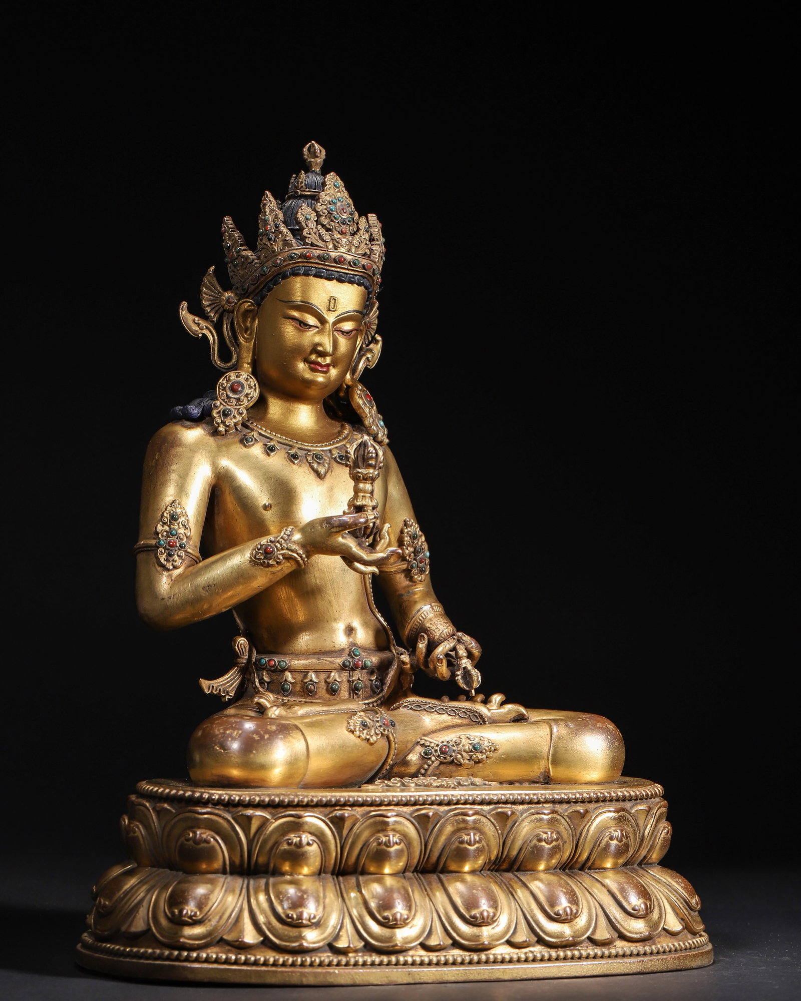 A Gilt-Bronze Inlaid Vajrasattva Statue, Imperial Palace Made, Qing Dynasty, Dated to 54th Year of - 6