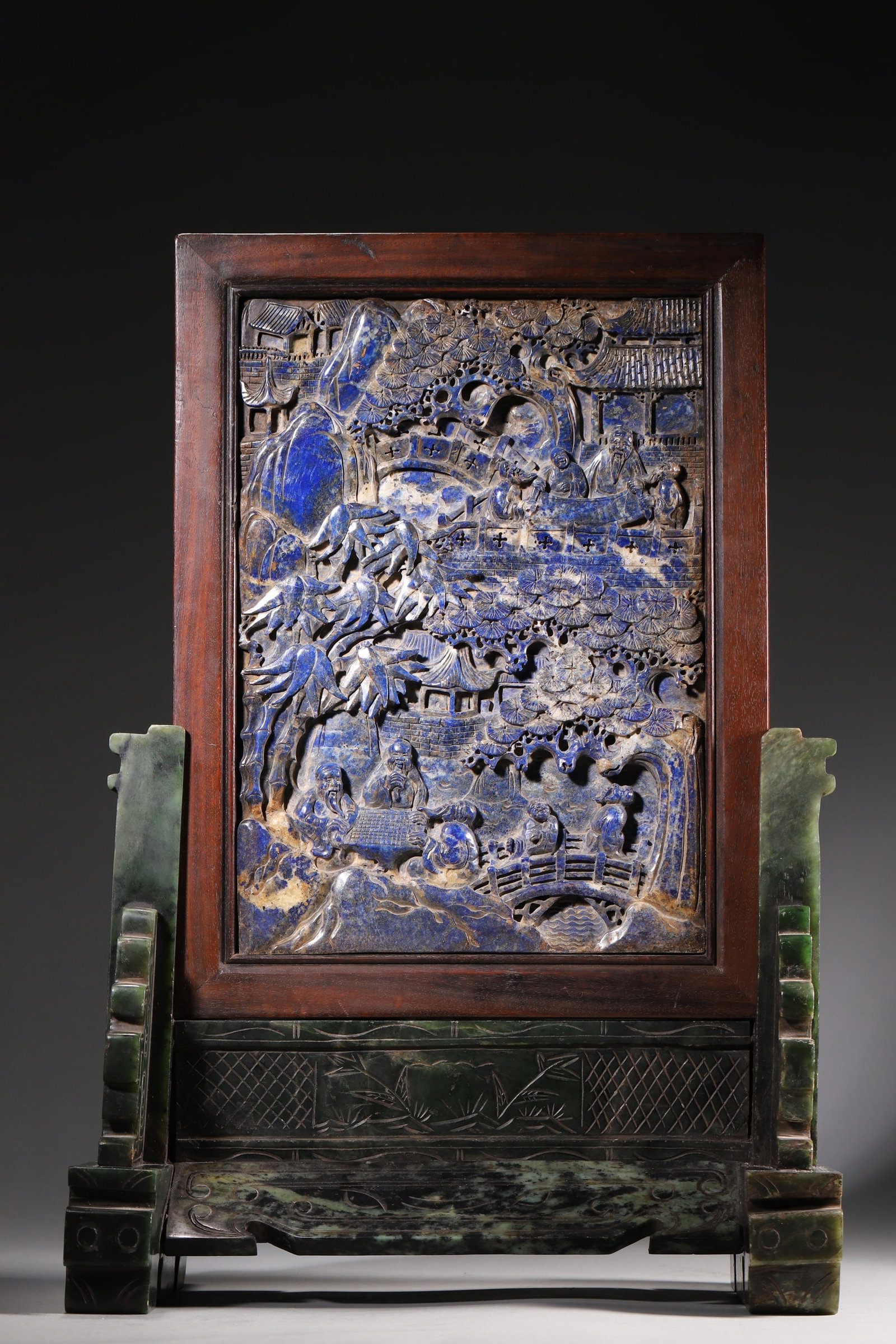 A Lapis Lazuli Table Screen with High Relief Landscape and Scholar Design - Qing Dynasty (1 of 12)