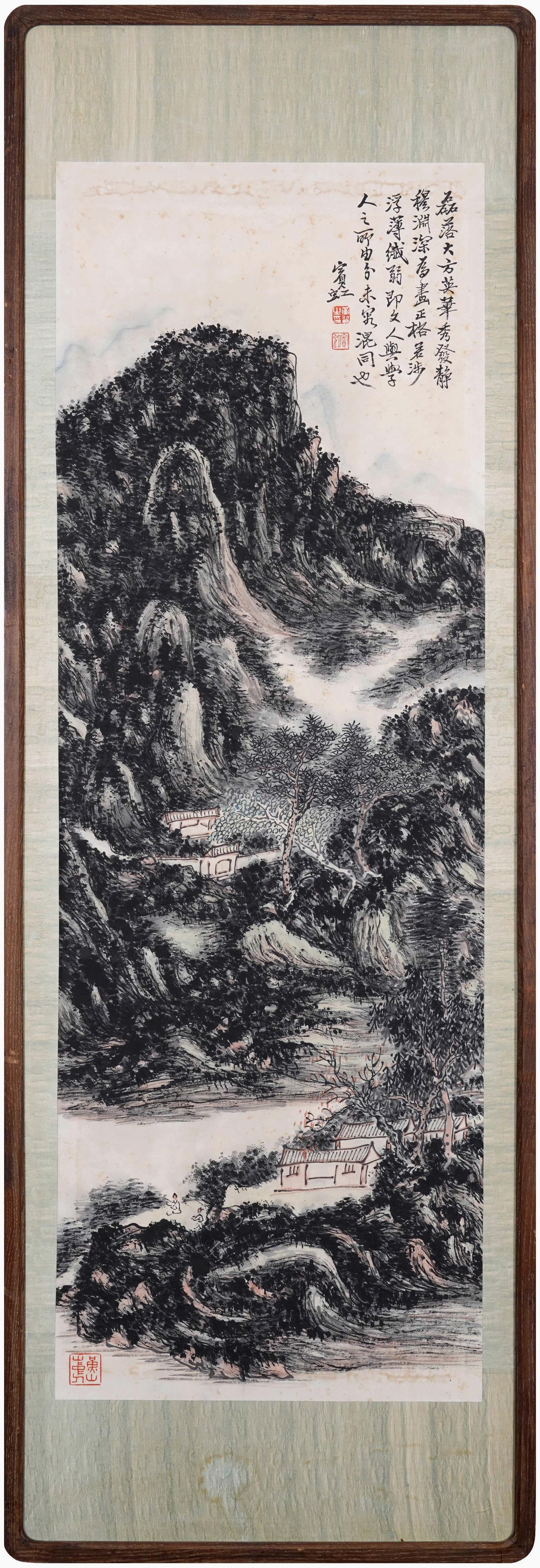 Huang Binhong (1865-1955) Visiting Friends in the Mountains, framed ink and color on paper: 43.7in x 14.6in (111.0cm x 37.0cm)A classic landscape by Huang Binhong, showcasing his iconic 'dense and lush' ink style. Misty mountains, pavilions, and scholars are rendered with layered ink. Inscri