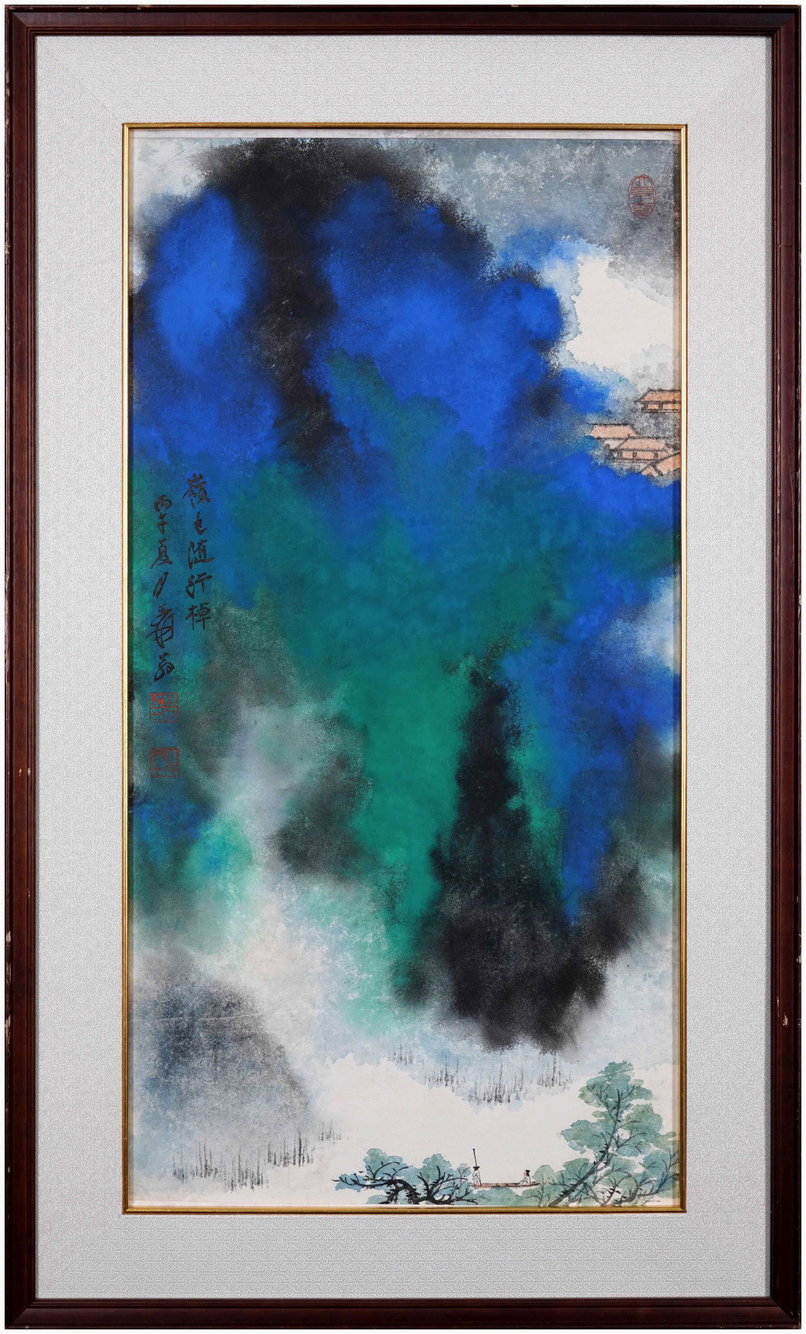 Zhang Daqian (1899-1983) River Journey with Mountain Views, framed splash-color ink on paper, dated: 28.7in x 15.0in (73.0cm x 38.0cm)A masterpiece of splash-color landscape by Zhang Daqian, painted in 1966. Vibrant mineral pigments depict misty mountains and a river boat, showcasing his iconic late 