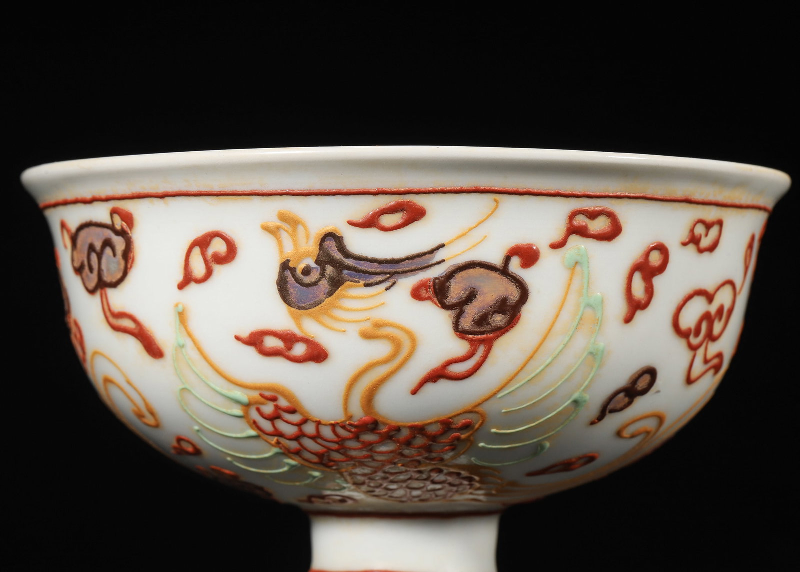 A Yuan Dynasty Gilded Raised Paste Phoenix Pattern Stem Cup - 5