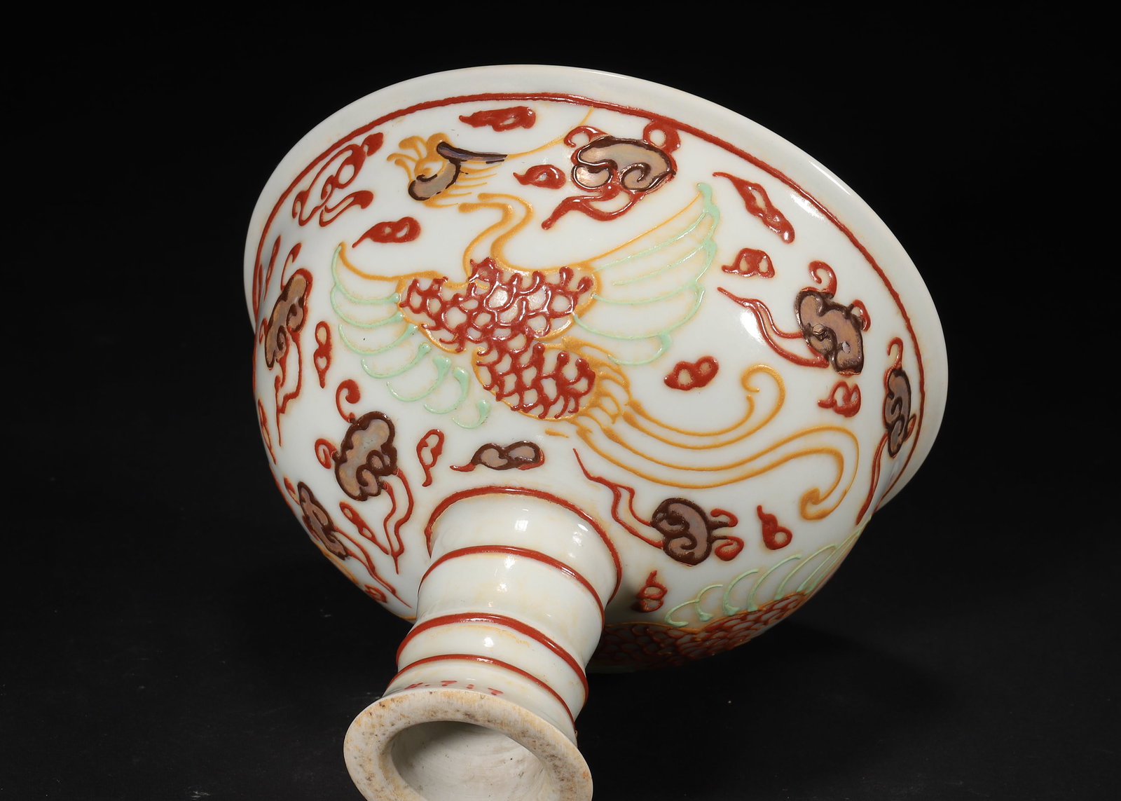 A Yuan Dynasty Gilded Raised Paste Phoenix Pattern Stem Cup - 7