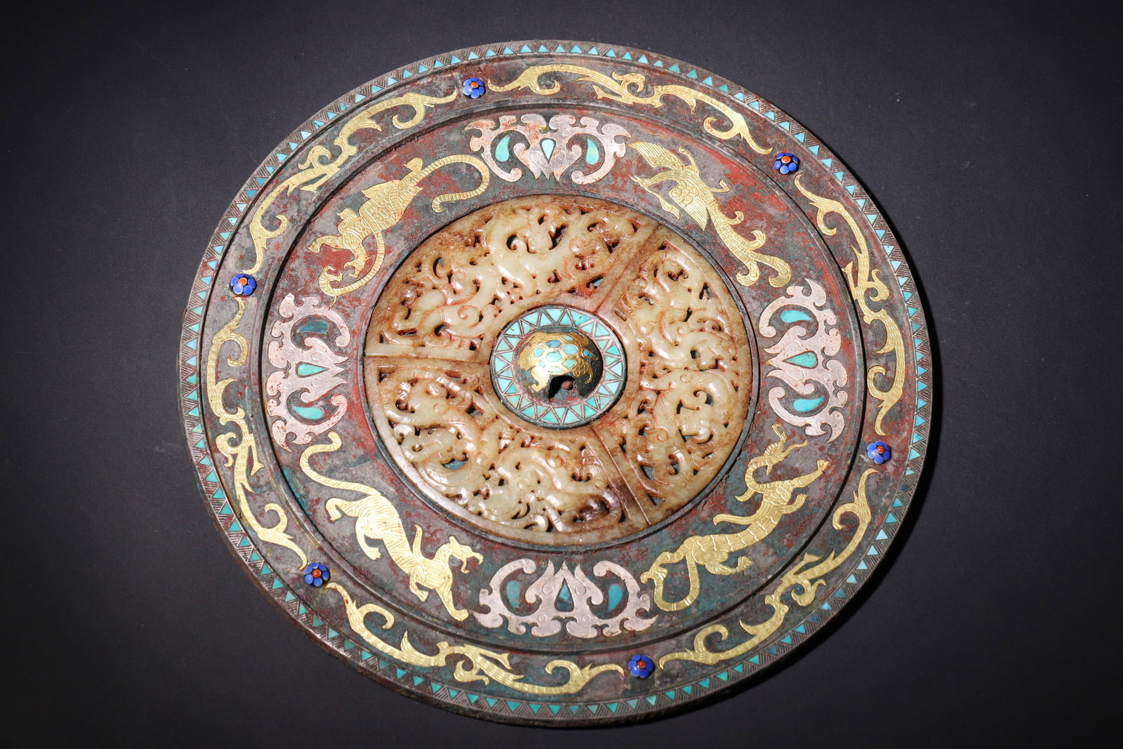 A Gold and Silver Inlaid Bronze Mirror with Jade and Four Deity Motifs - Warring States Period (1 of 7)