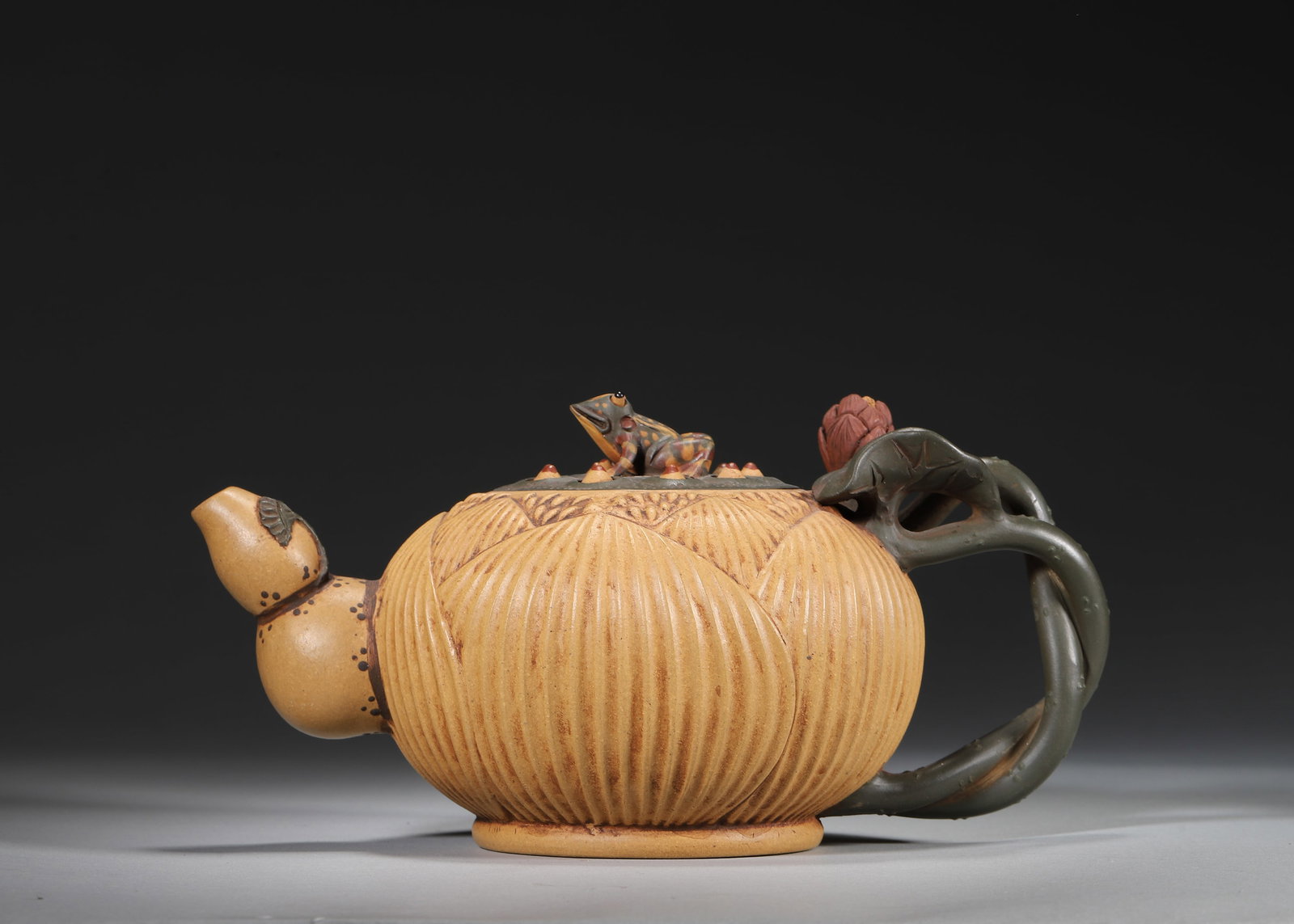 Made by Jiang Rong - Purple Sand Teapot with Lotus Pod & Frog Motif - 2