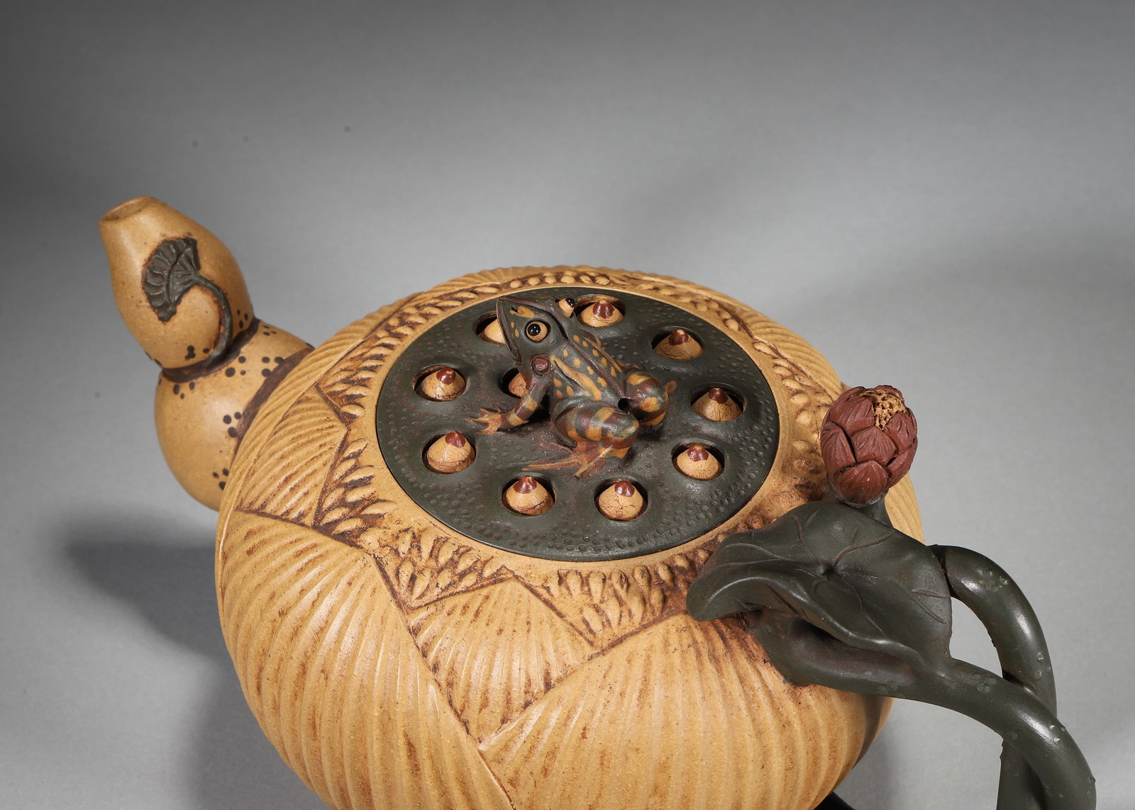 Made by Jiang Rong - Purple Sand Teapot with Lotus Pod & Frog Motif - 3
