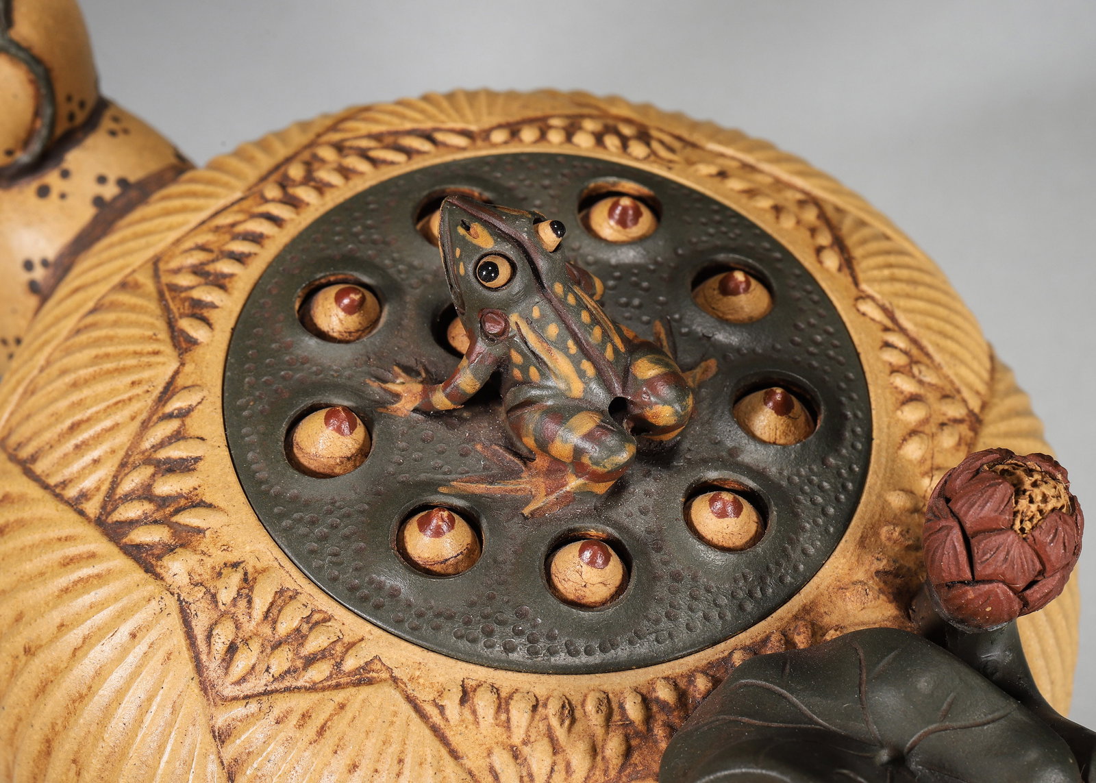 Made by Jiang Rong - Purple Sand Teapot with Lotus Pod & Frog Motif - 4