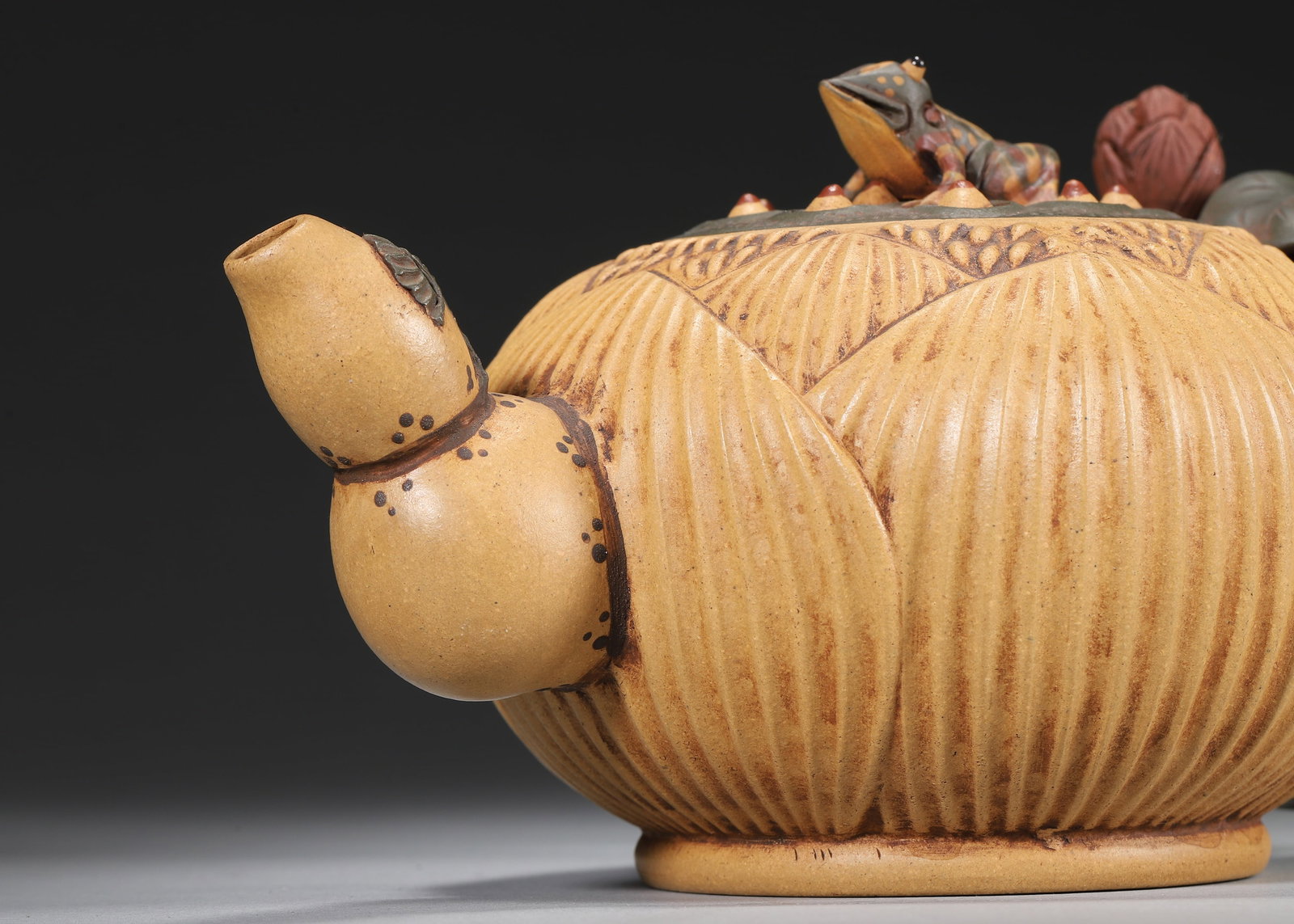 Made by Jiang Rong - Purple Sand Teapot with Lotus Pod & Frog Motif - 5