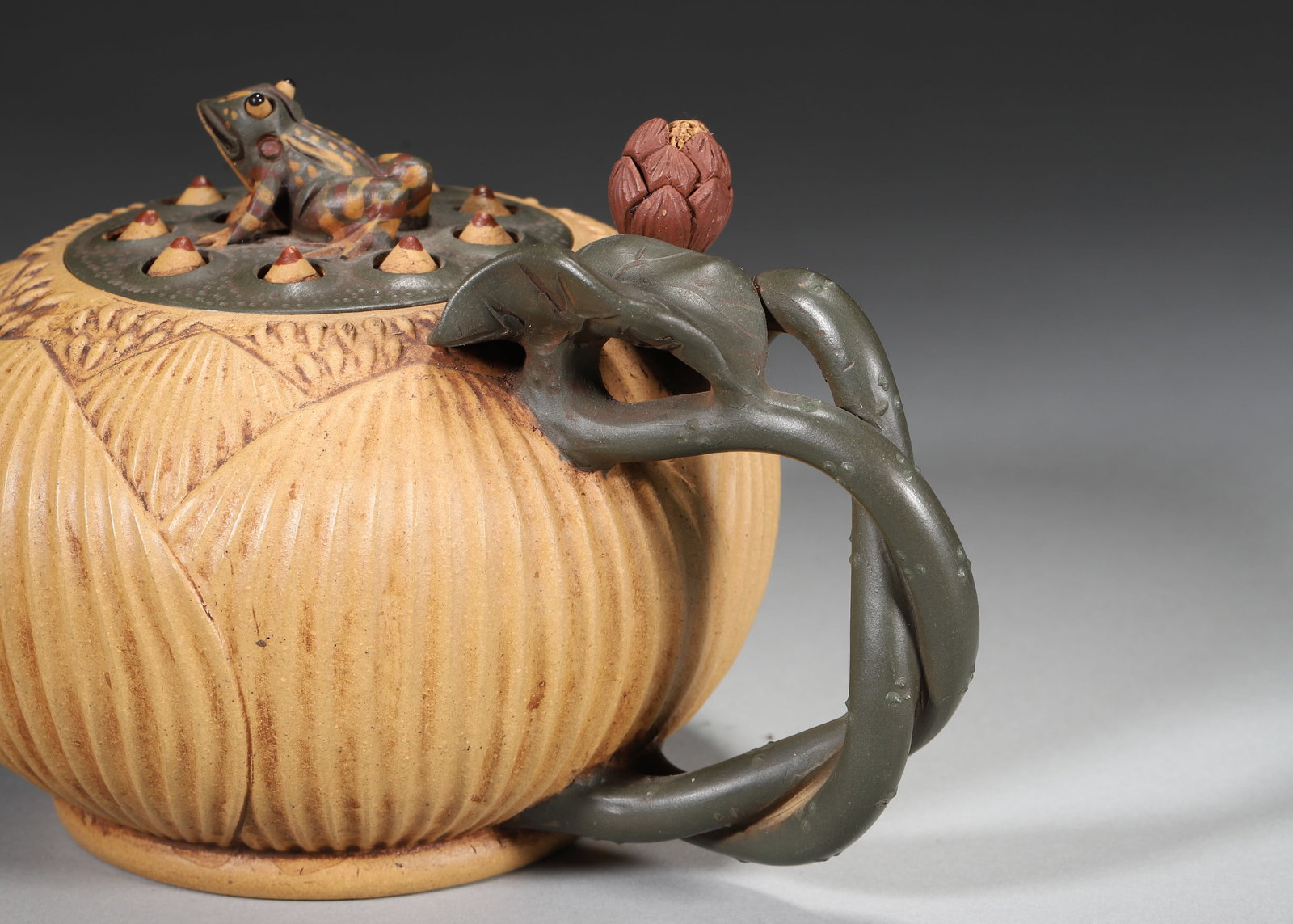 Made by Jiang Rong - Purple Sand Teapot with Lotus Pod & Frog Motif - 7