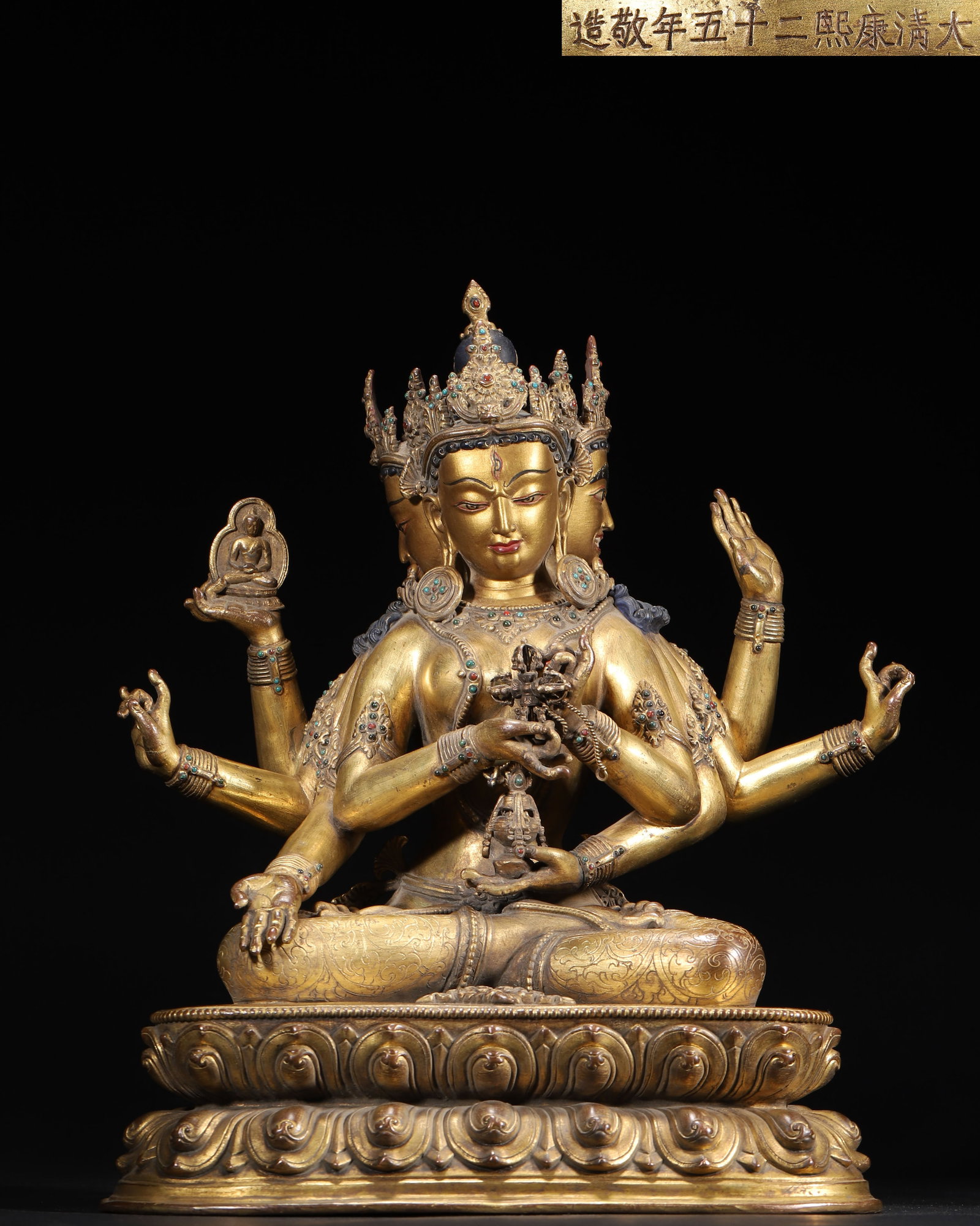 An Imperial Gilt Bronze Inlaid Gemstone Seated Usnisa Vijaya Statue, 25th Year of Kangxi Reign, Qing (1 of 13)
