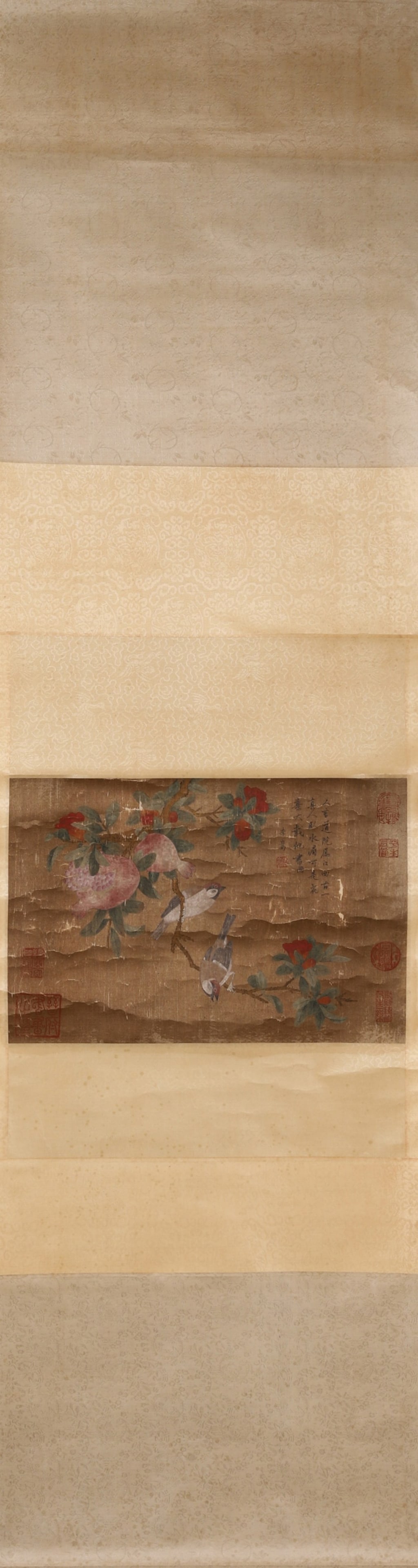 A Silk Color Painting "Birds on Pomegranate Branch" Attributed to Li Song, Song Dynasty: Core L 27cm (10.63 in); Core W 40cm (15.75 in)A color painting on silk attributed to Li Song of the Song Dynasty, depicting pomegranate flowers, fruits and birds. With meticulous brushwork and vivid d