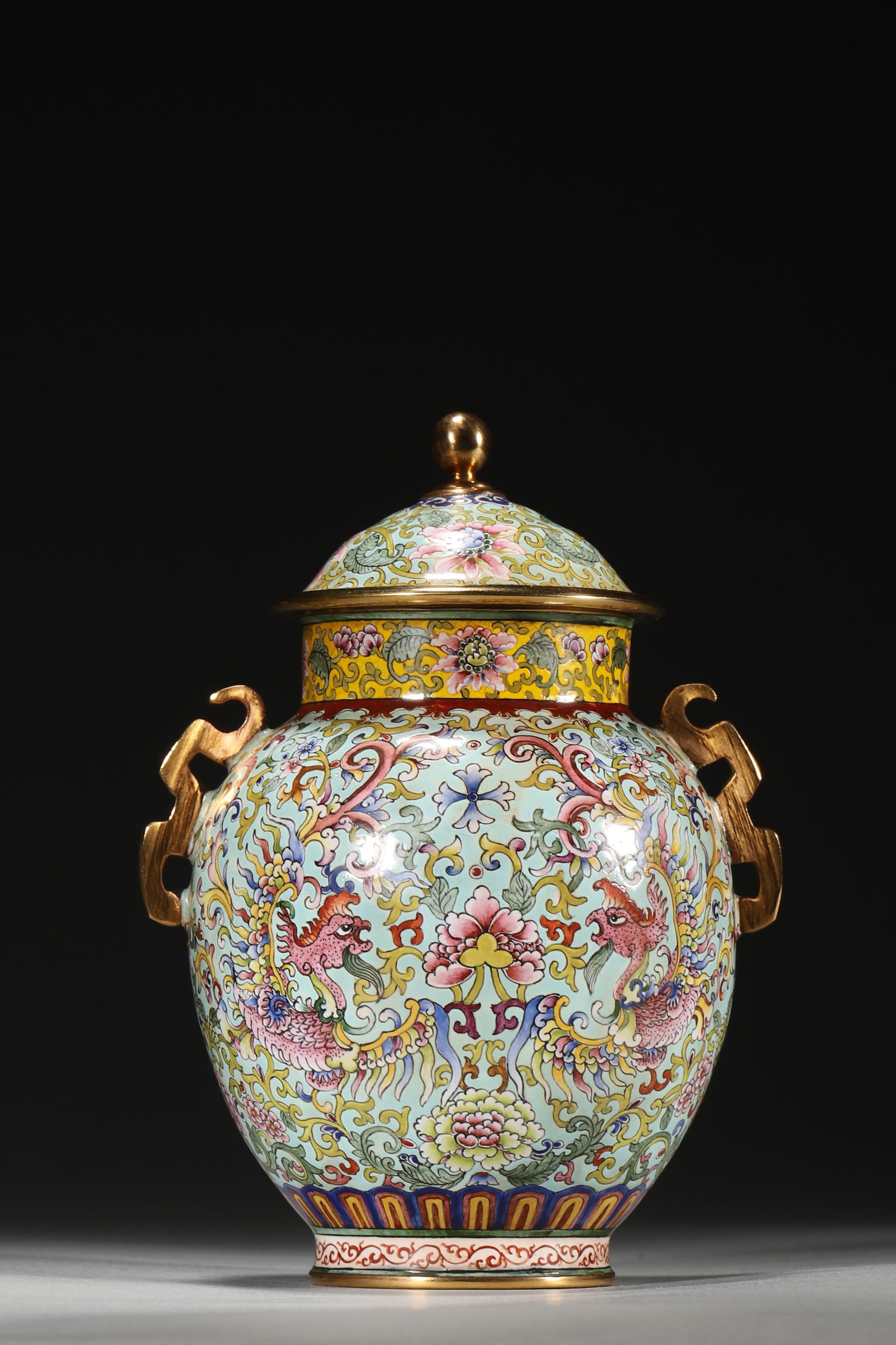 An Enameled Copper Lidded Jar with Phoenix Motifs, Qianlong Period (1 of 8)