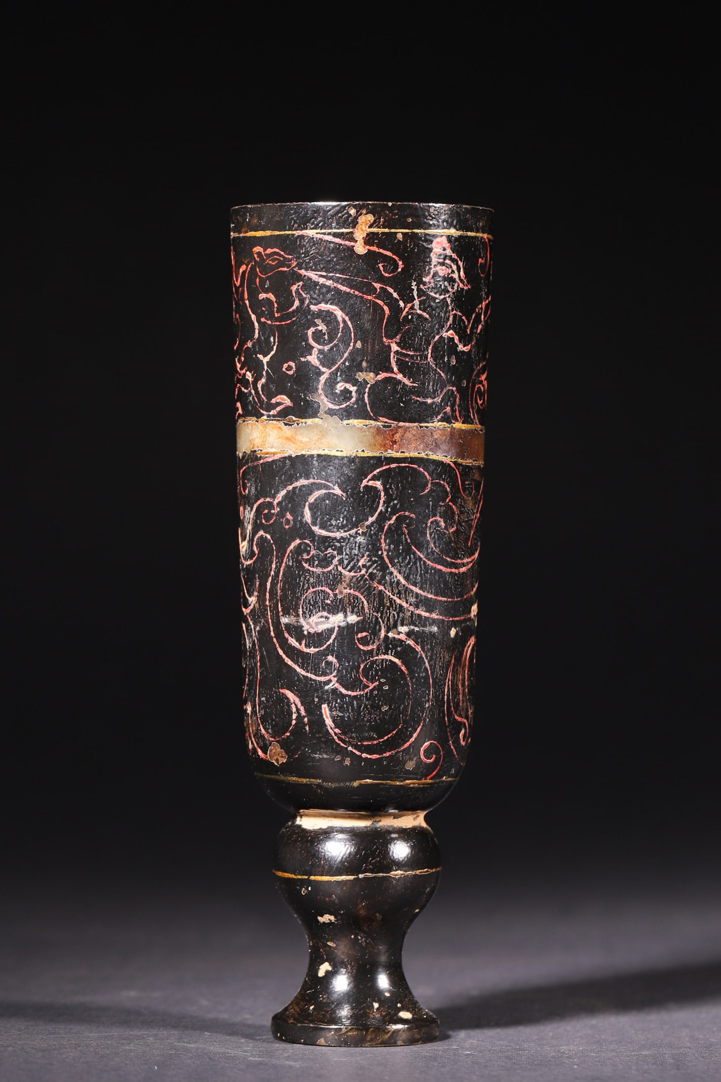 A Jade Stemmed Cup with Gold and Color Inlaid Cloud Pattern - Han Dynasty (1 of 6)