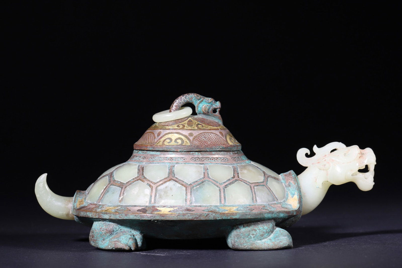 A Bronze Dragon-Tortoise Censer with Gold and Silver Inlay and Hetian Jade Inlays - Han Dynasty - 5