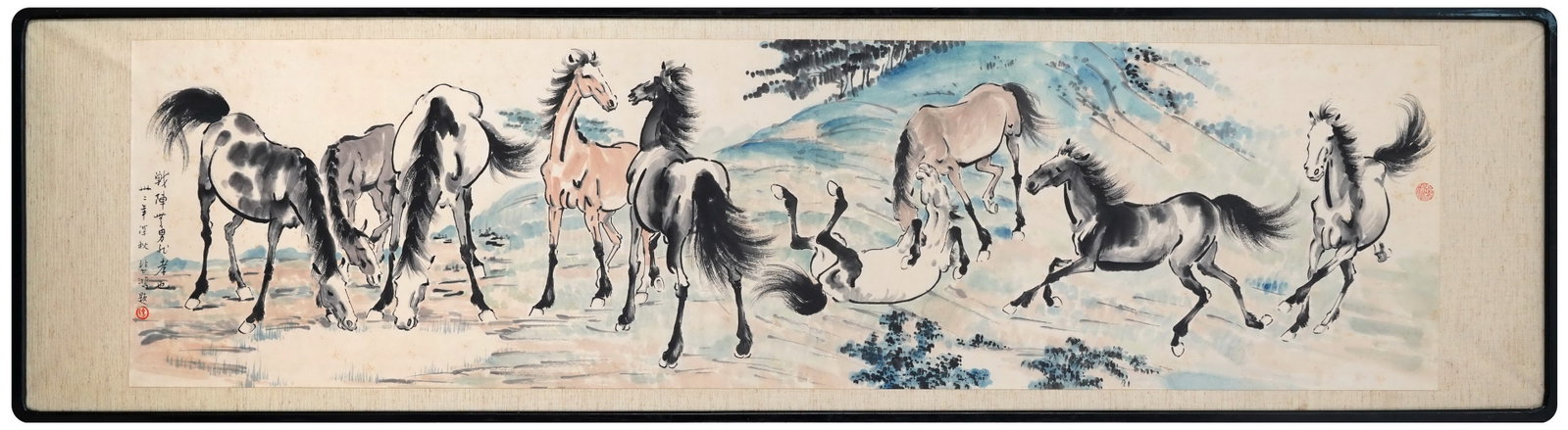 Xu Beihong (1895-1953) Nine Steeds in Spring Mountains, framed ink and color on paper, dated 1943: 55.51 x 14.57 in (141 x 37 cm)A masterpiece of horse painting by Xu Beihong, painted in 1943. Nine vigorous steeds in dynamic poses, rendered with powerful brushstrokes. Inscribed and sealed, original