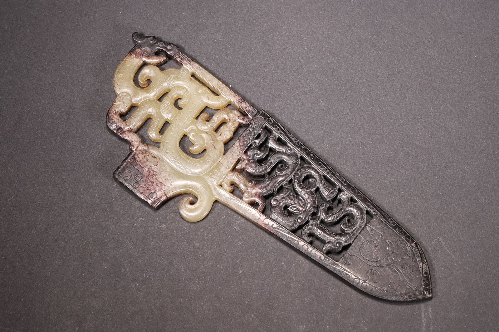 A Hetian Jade Openwork Dragon and Phoenix Ge, Han Dynasty (1 of 7)