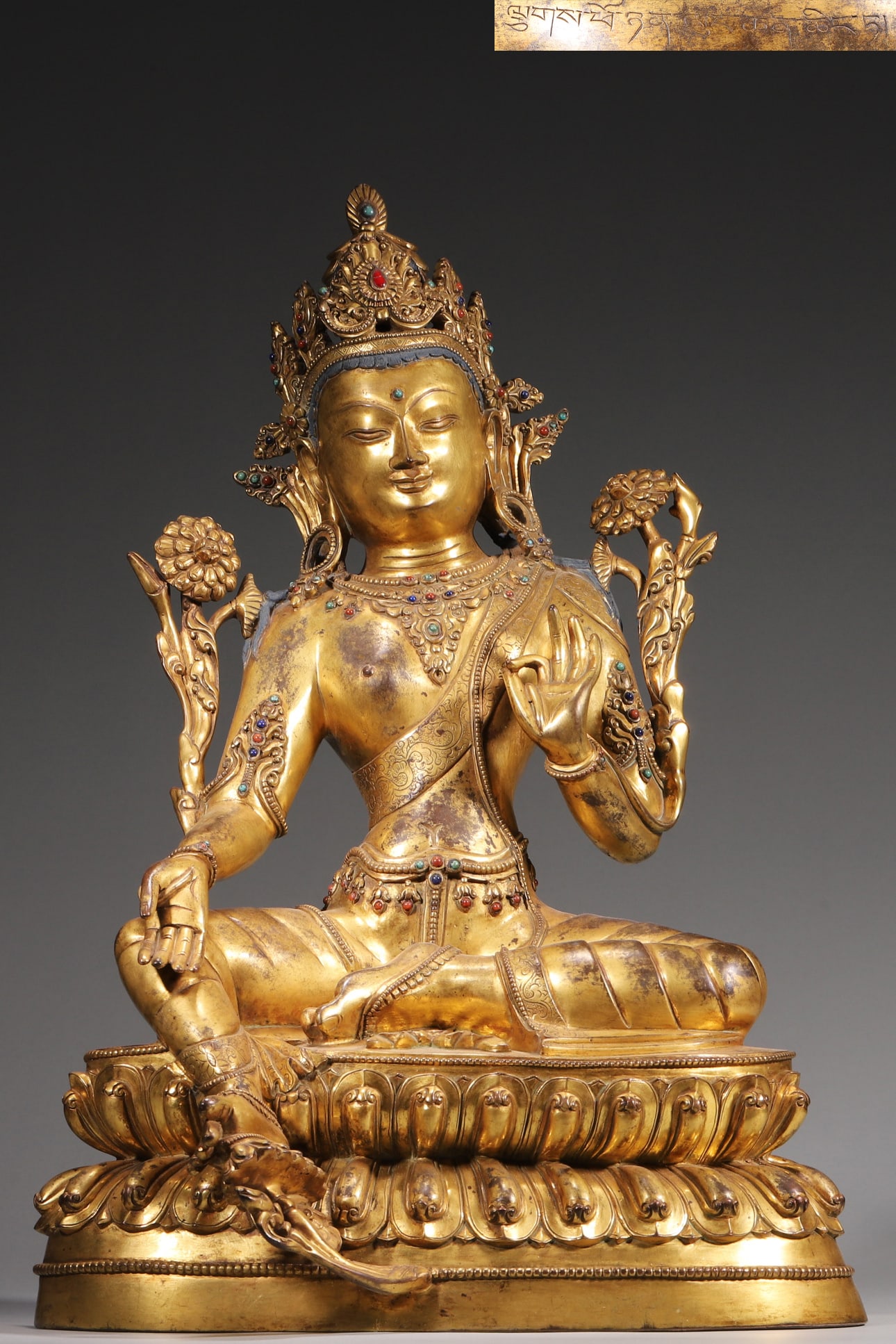 A Gilt Bronze Jewel-Inlaid Green Tara Statue - Imperial Workshop, Qing Dynasty (1 of 6)