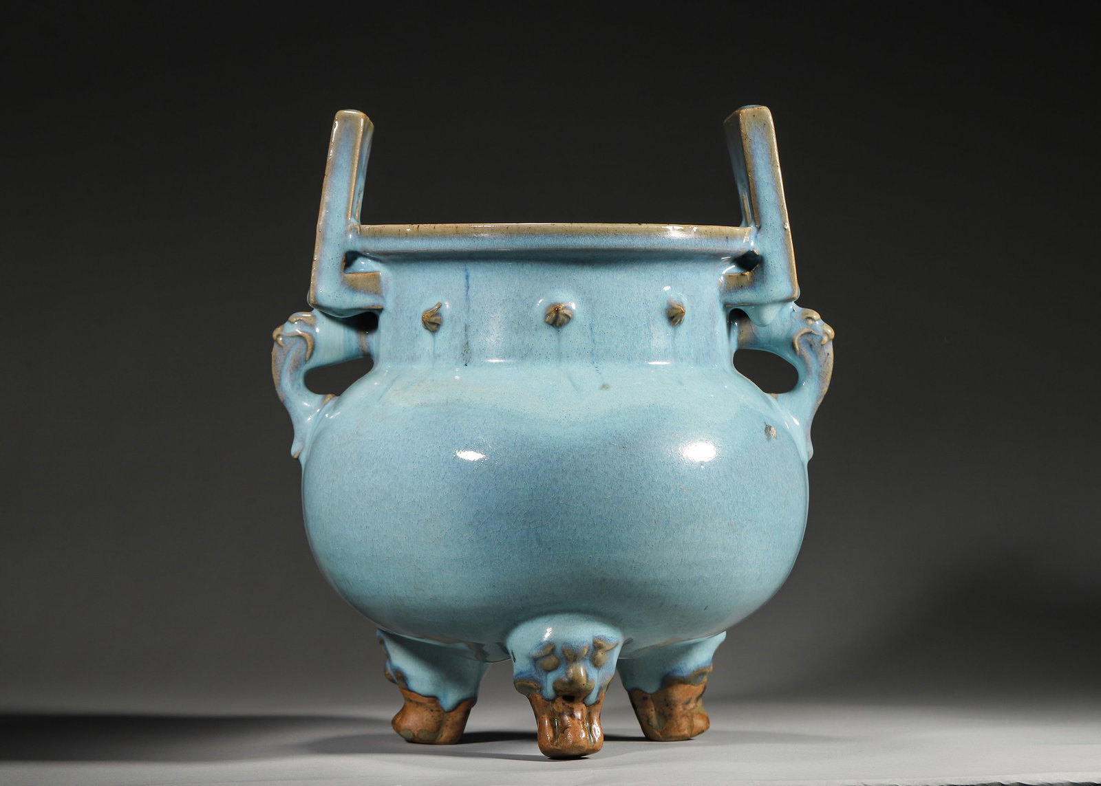 A Jun Ware Sky-Blue Glazed Tripod Censer with Animal Handles (Yuan Dynasty) (1 of 7)