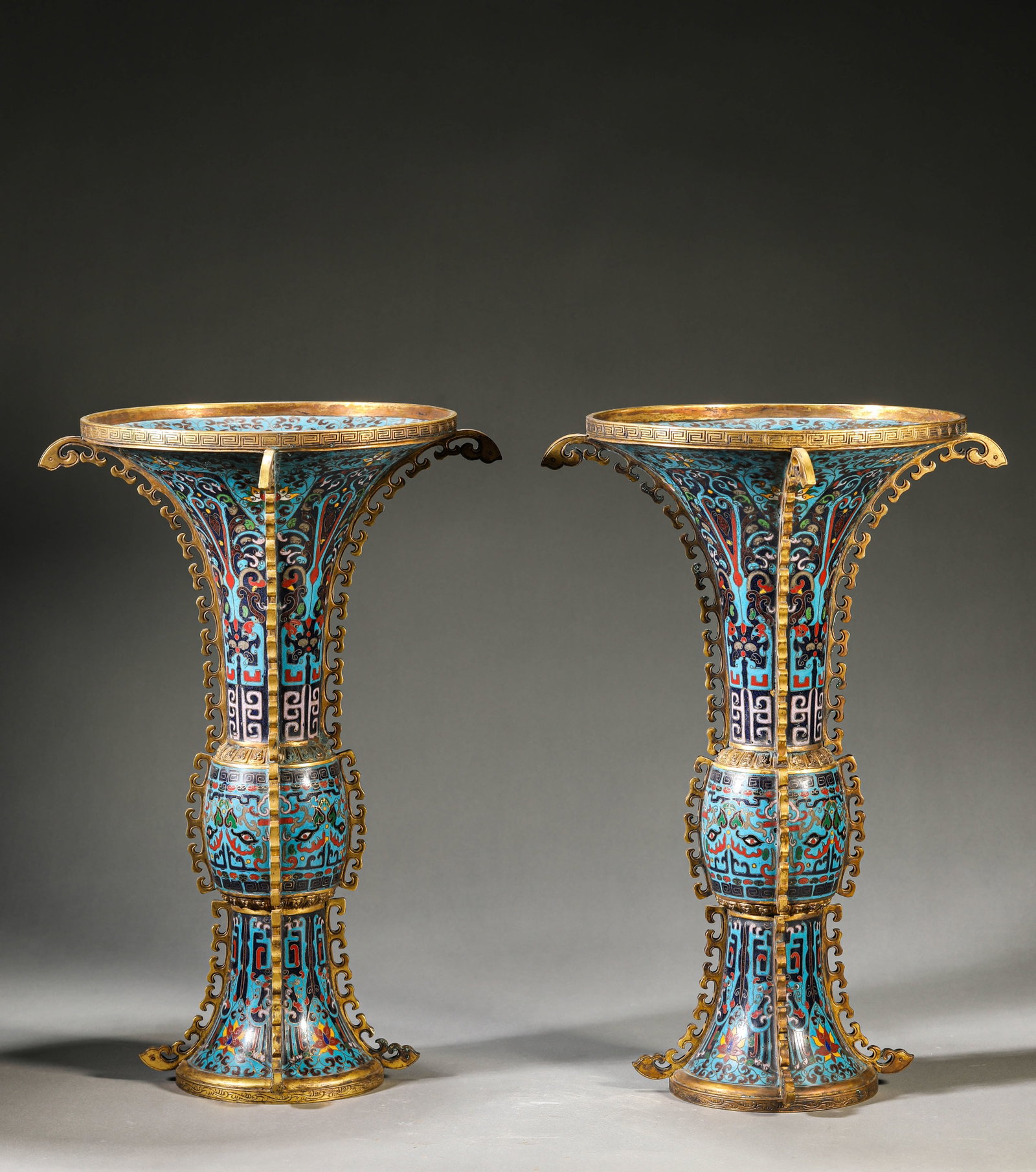 A Pair of Cloisonn?? Enamel ??Taotie?? ??Gu?? Beakers (1 of 9)
