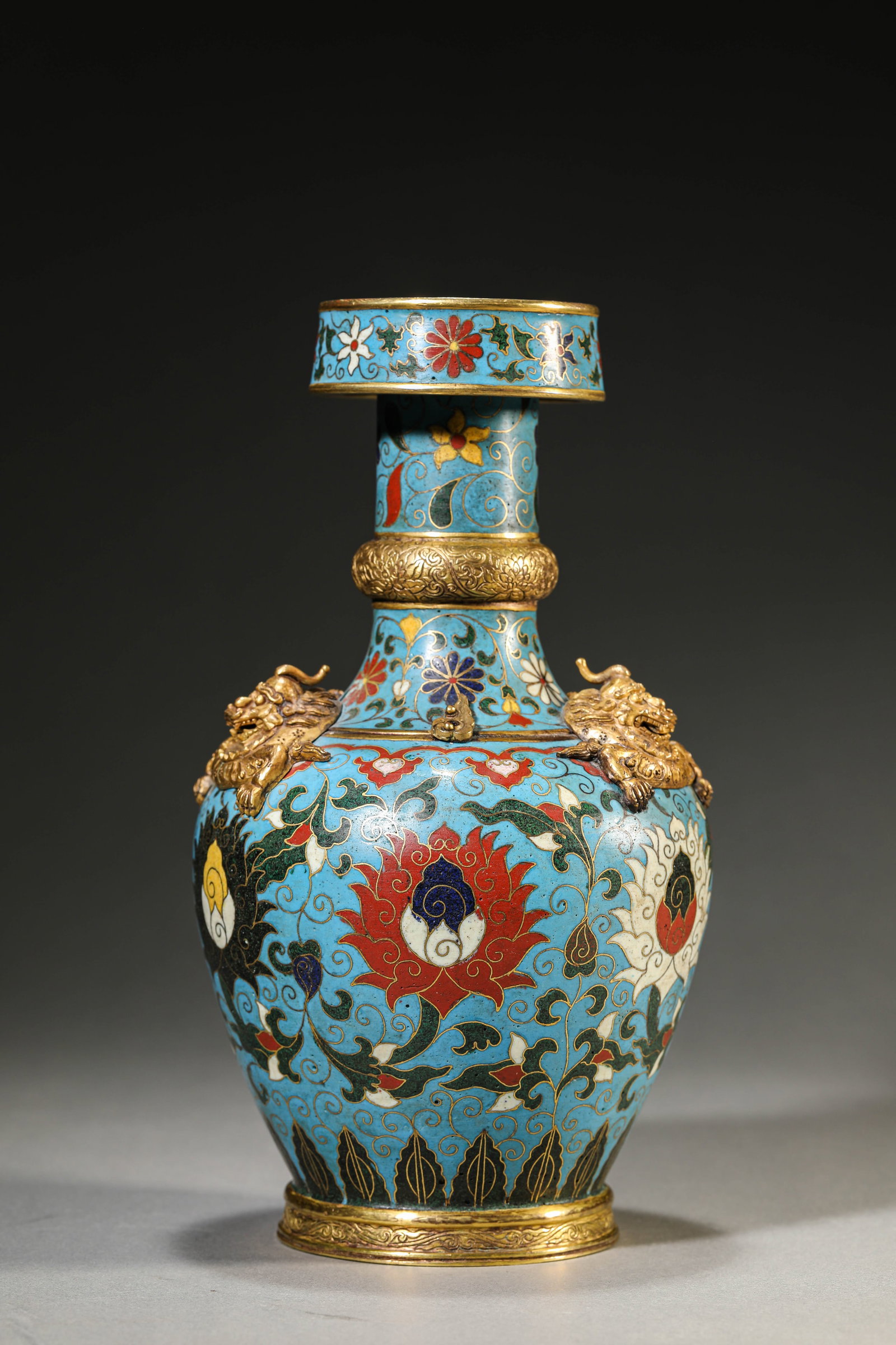 A Cloisonn?? Enamel ??Interlocking Lotus and Dragon?? ??Dish-Mouth?? Vase: Dimensions: Weight: 1475g. Width: 13.0 cm (5.12 in) x Height: 23.5 cm (9.25 in). All measurements are approximate.