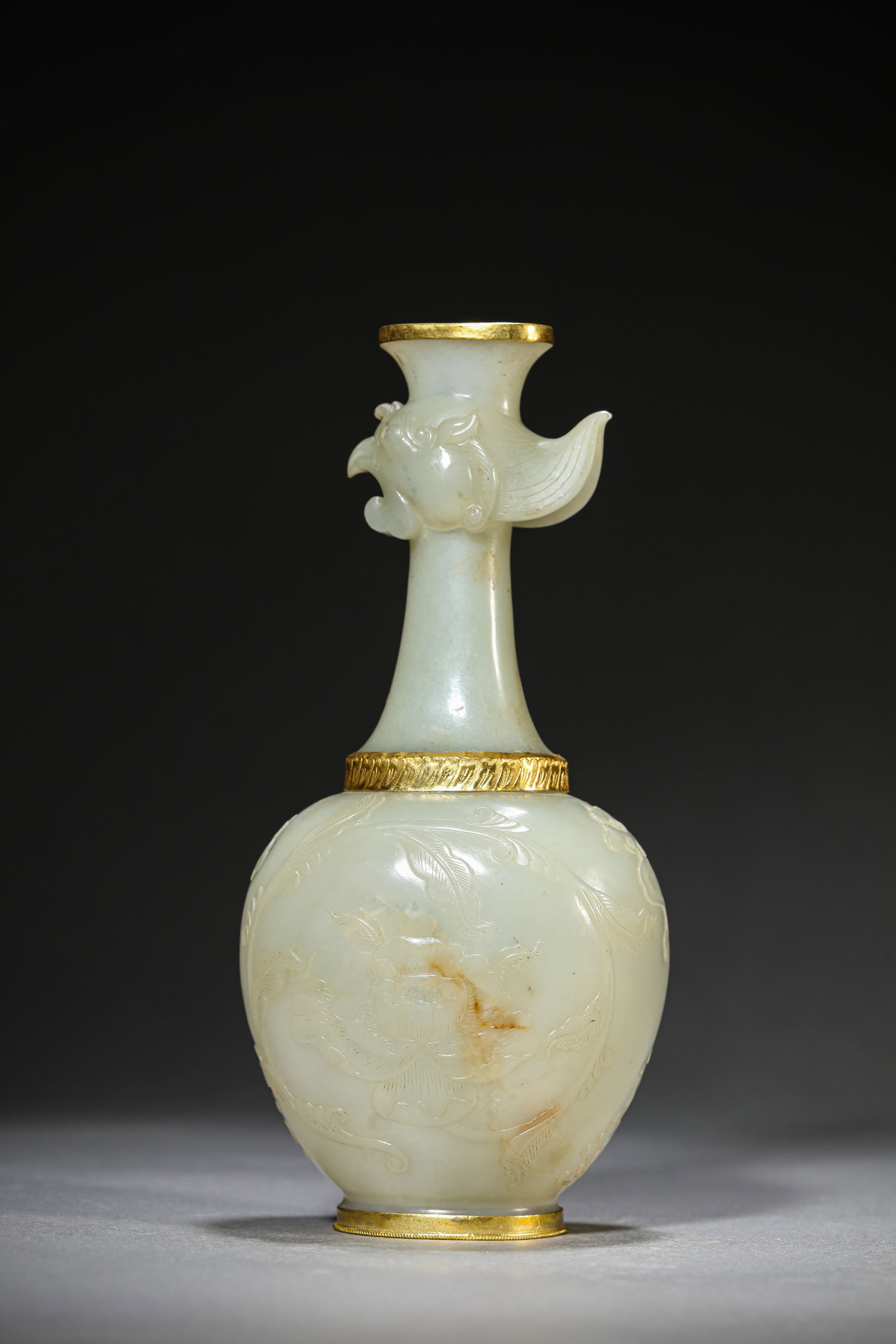 A Gold-Mounted Jade 'Floral' Vase: Dimensions: Length: 8.6 cm (3.39 in) x Width: 6.7 cm (2.64 in) x Height: 17.8 cm (7.01 in). All measurements are approximate.
