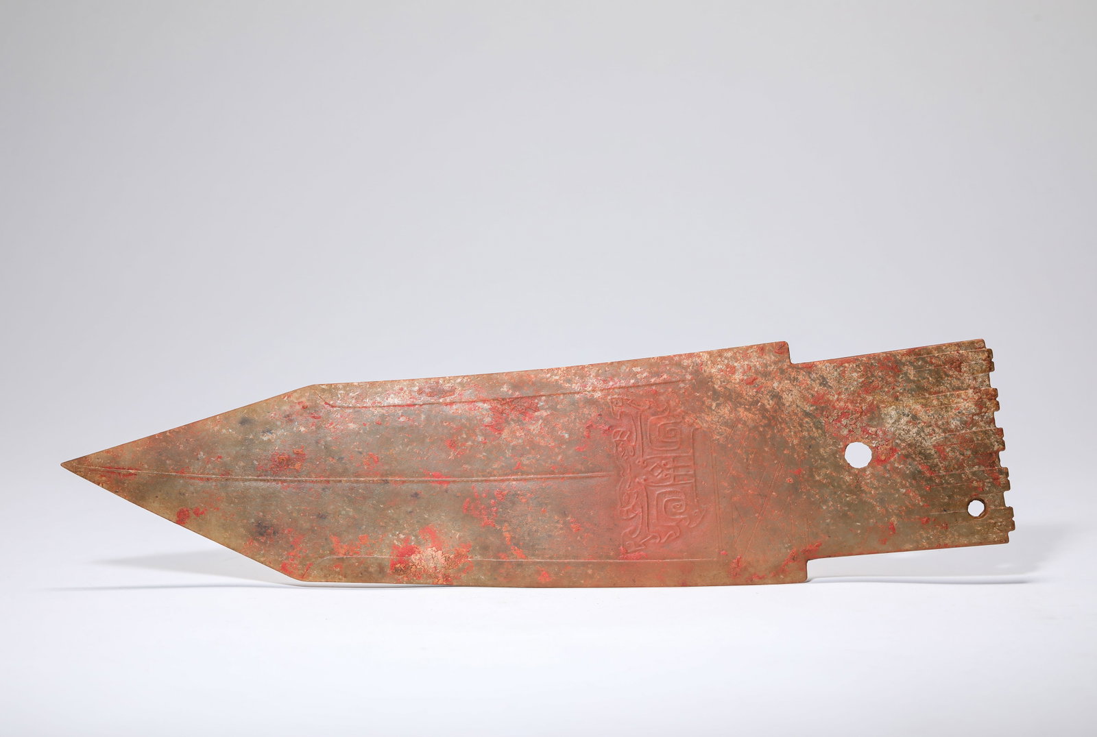 A Jade 'Ge' Dagger: Dimensions: Width: 8.3 cm (3.27 in) x Height: 32.0 cm (12.60 in). All measurements are approximate.