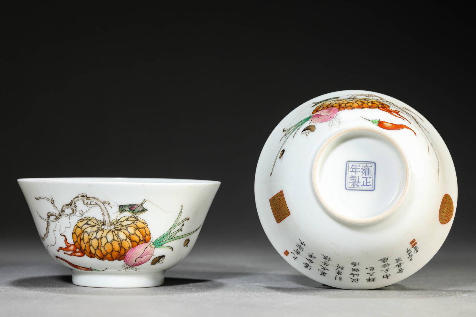 A Pair of Famille-Rose 'Melon and Fruit with Poem' Bowls: Dimensions: Width: 11.2 cm (4.41 in) x Height: 5.8 cm (2.28 in). All measurements are approximate.