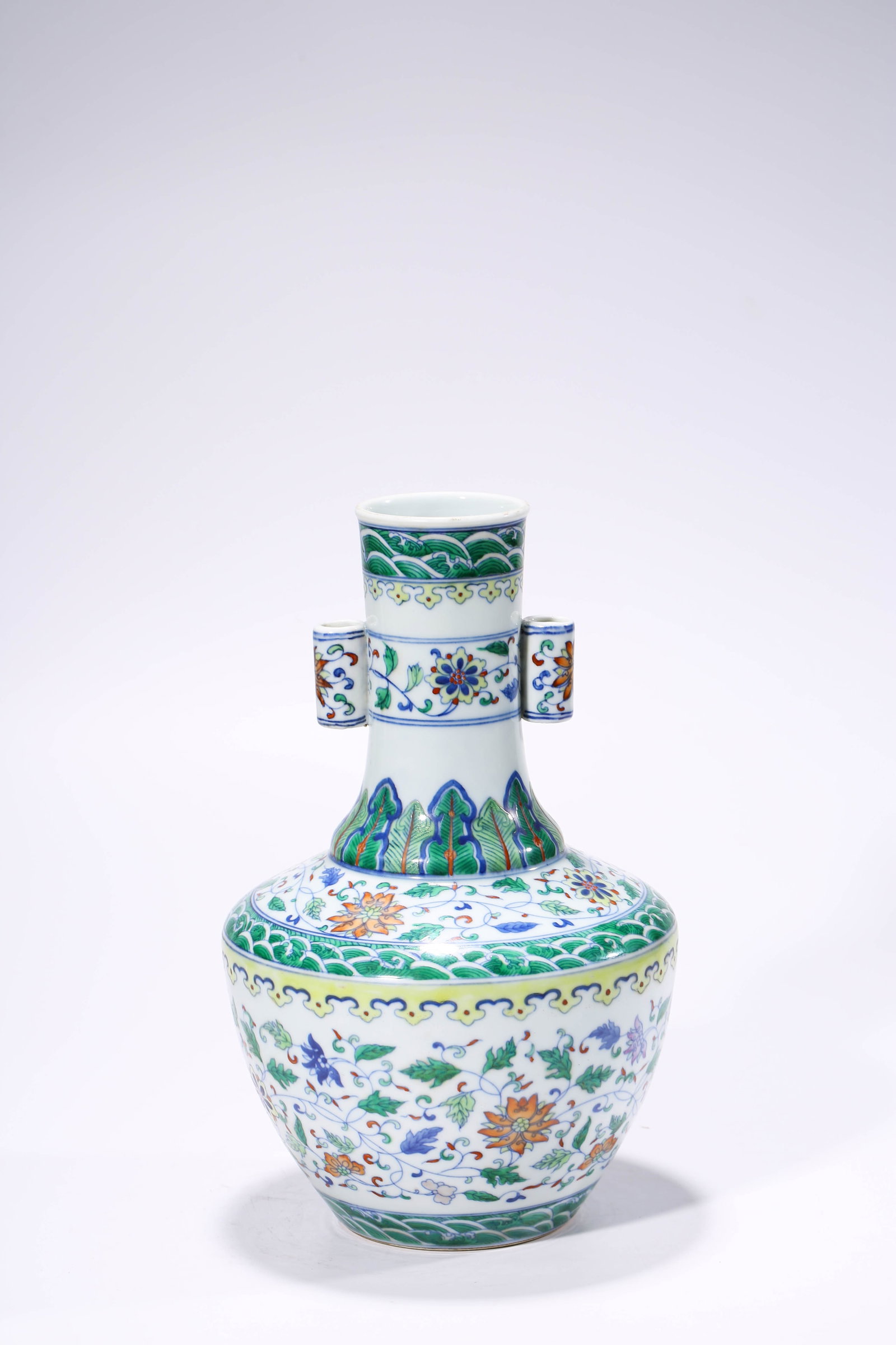A Doucai ??Interlocking Florals?? Vase with ??Tube Handles??: Dimensions: Width: 19.1 cm (7.52 in) x Height: 30.6 cm (12.05 in). All measurements are approximate.