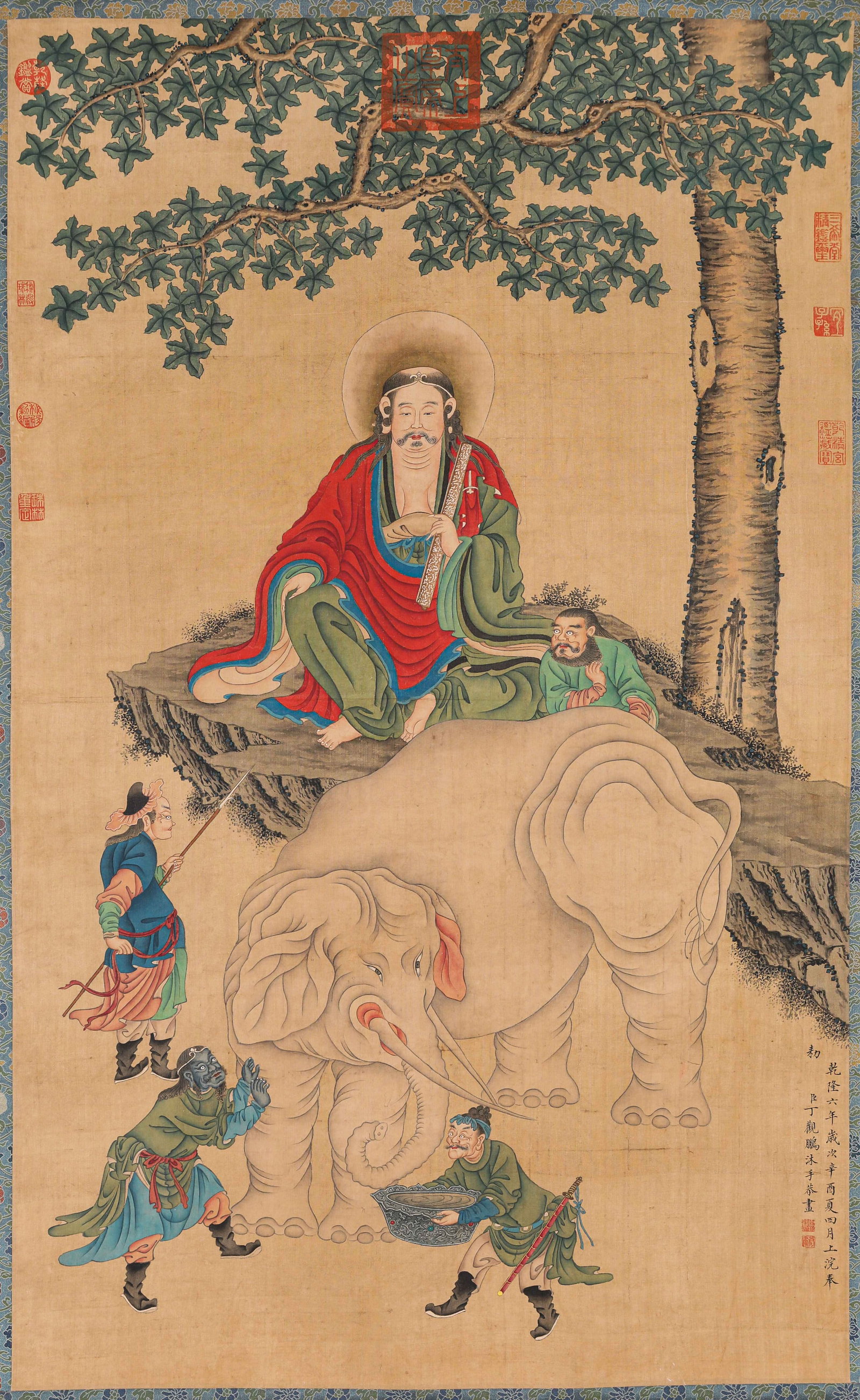 Ding Guanpeng (act. 18th century), attributed to, Washing the Elephant: Dimensions: Width: 66.0 cm (25.98 in) x Height: 108.0 cm (42.52 in). All measurements are approximate.