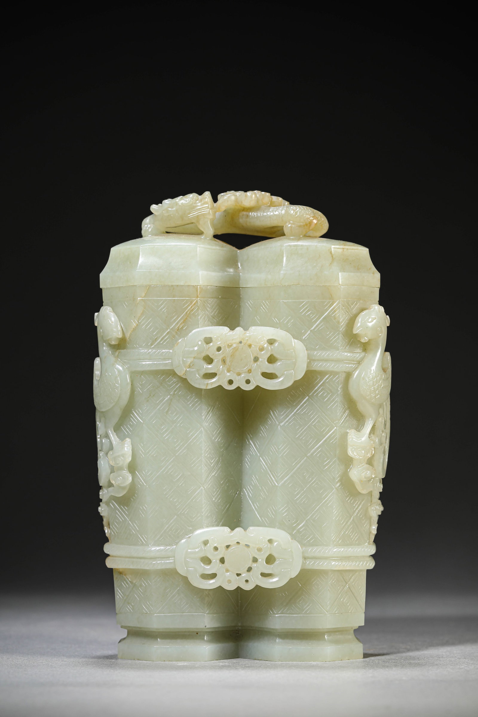 A Jade 'Dragon and Phoenix' Twin Vases: Dimensions: Length: 11.2 cm (4.41 in) x Width: 6.2 cm (2.44 in) x Height: 17.5 cm (6.89 in). All measurements are approximate.