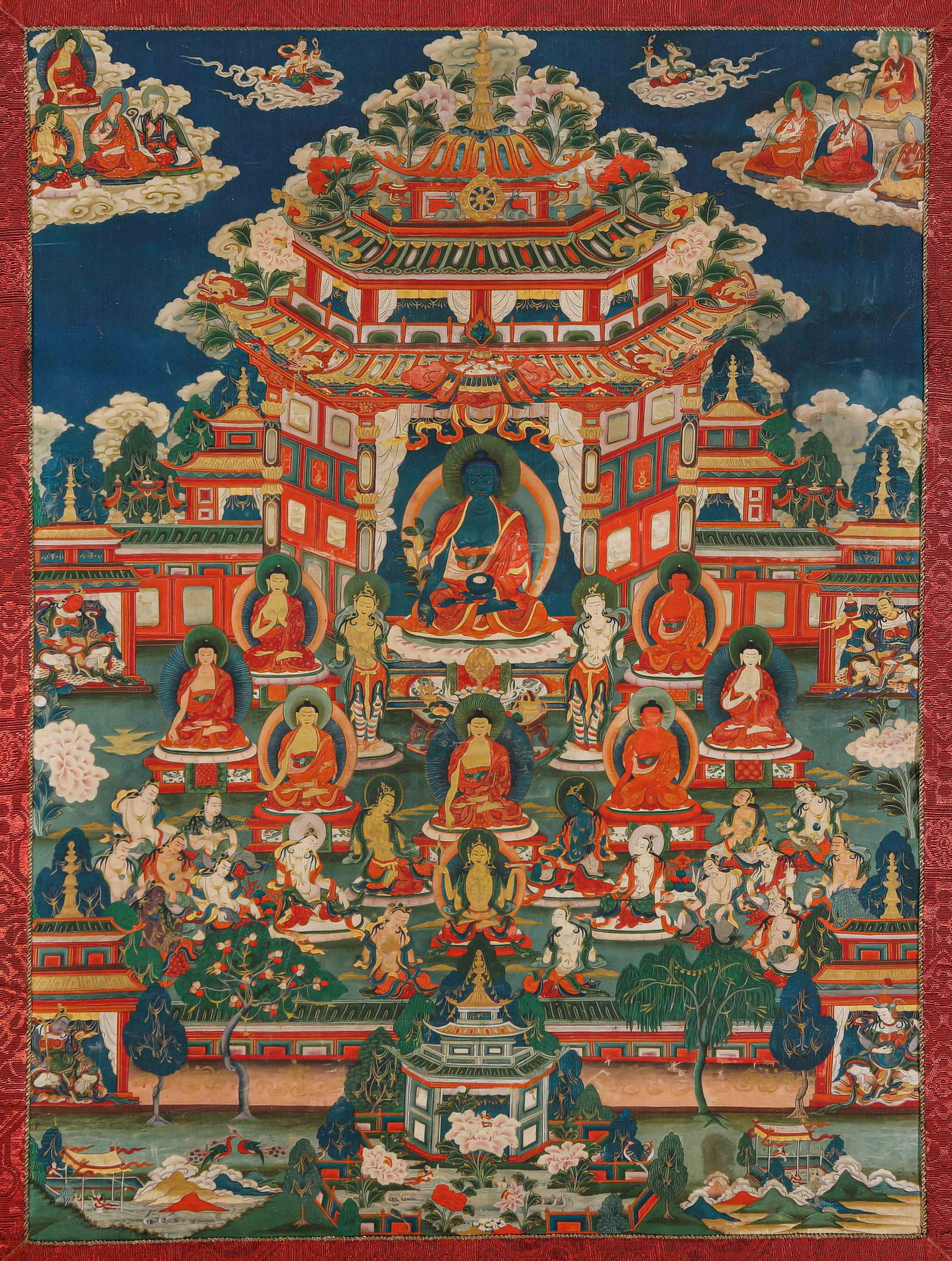 A Thangka of the Bhaisajyaguru Mandala: Dimensions: Width: 31.0 cm (12.20 in) x Height: 42.0 cm (16.54 in). All measurements are approximate.