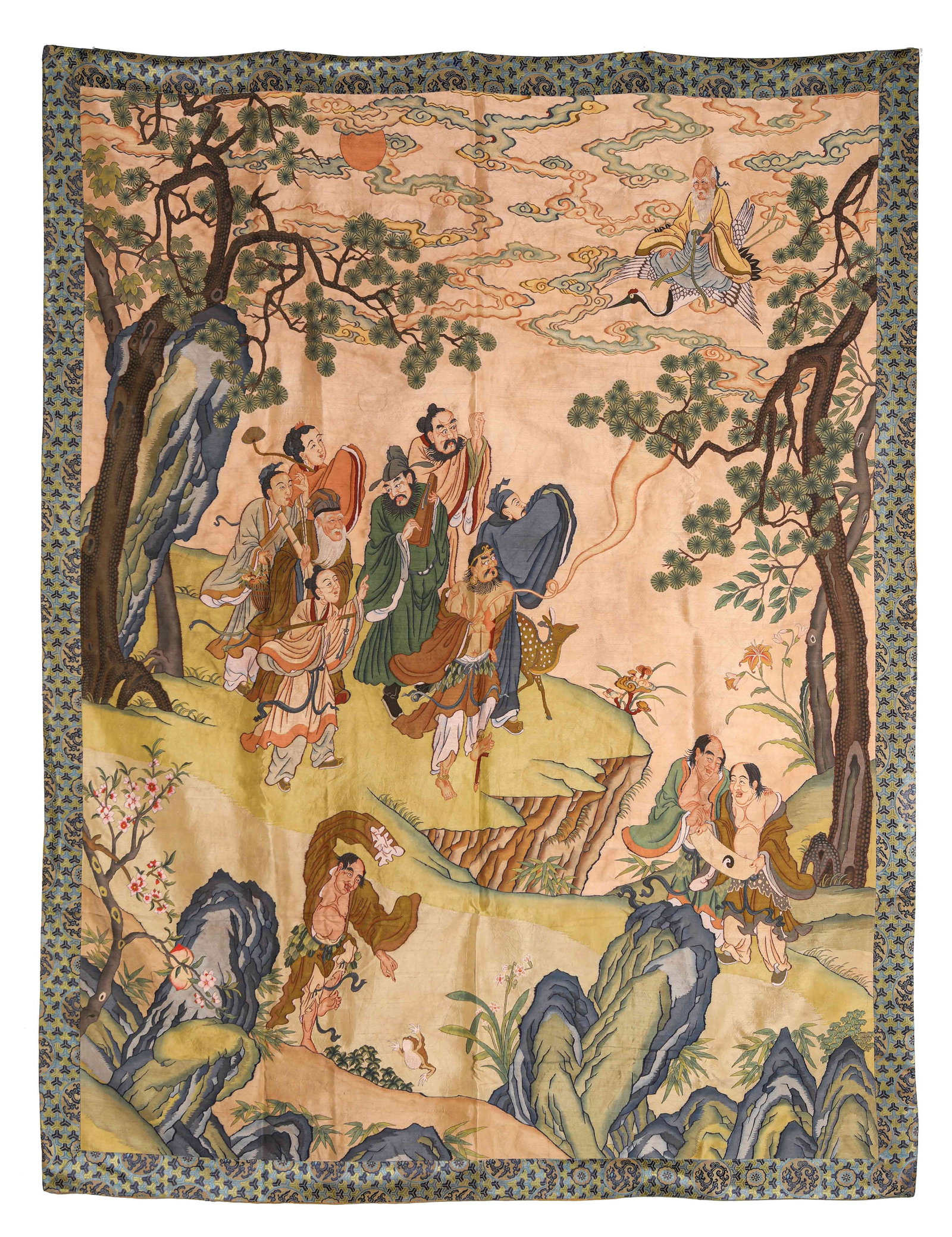 A Silk ??Kesi?? Tapestry of ??Eight Immortals Offering Birthday Greetings??: Dimensions: Width: 138.0 cm (54.33 in) x Height: 178.0 cm (70.08 in). All measurements are approximate.